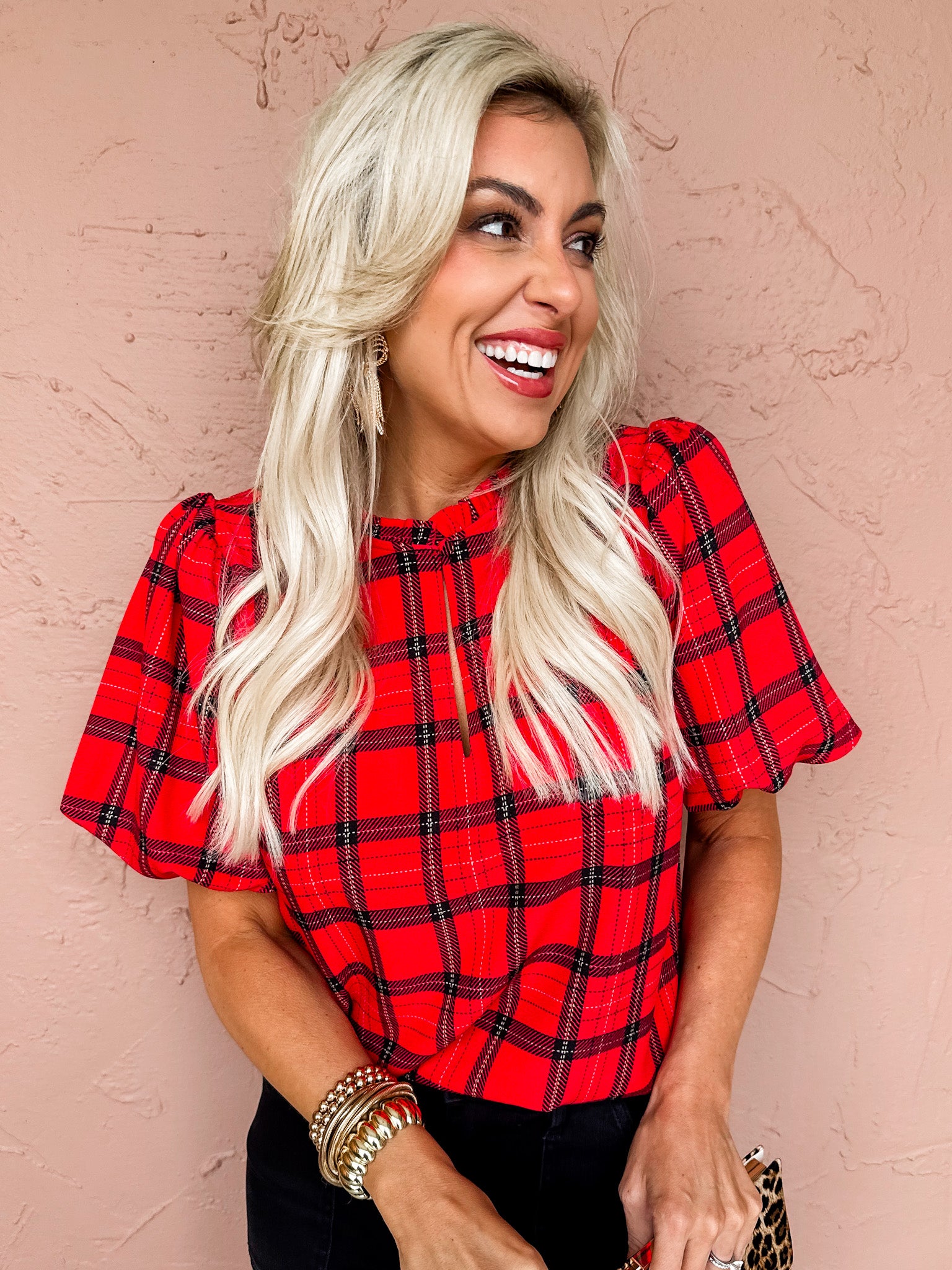 Cassandra Plaid Split Neck Blouse