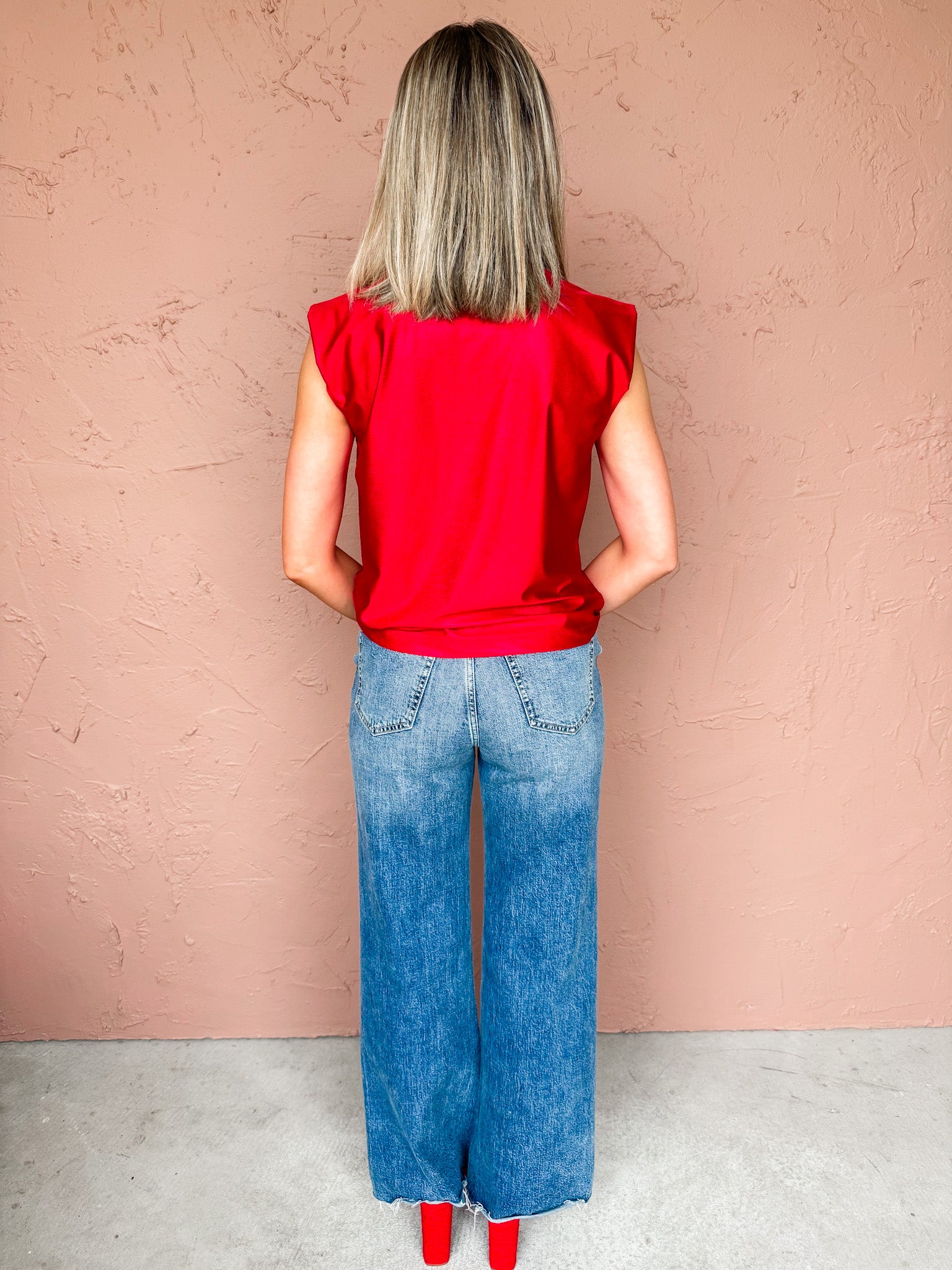 Maxeen Cap Sleeve Metallic Top-Red
