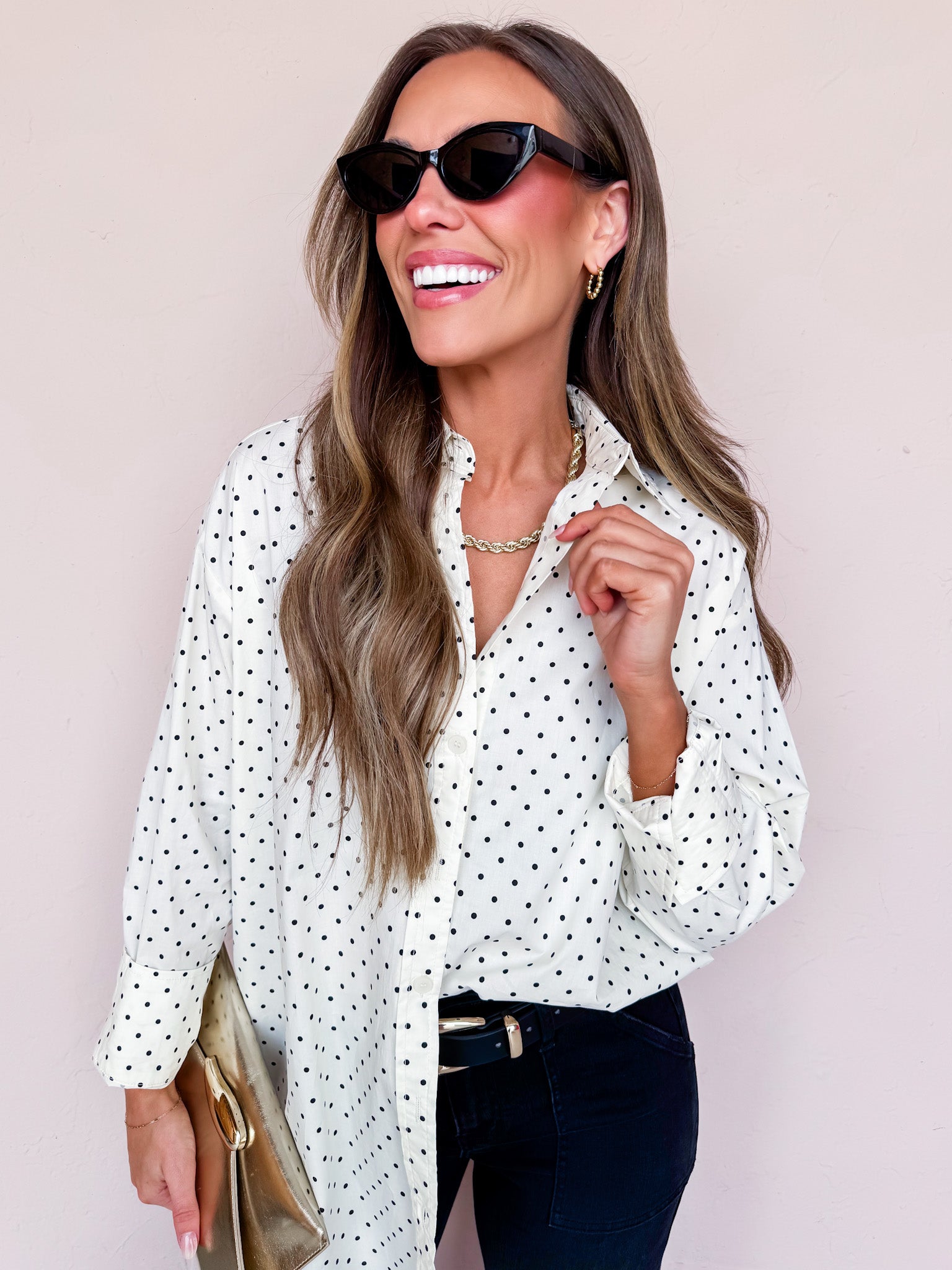 Laney Polka Dot Button Down Top-Ivory