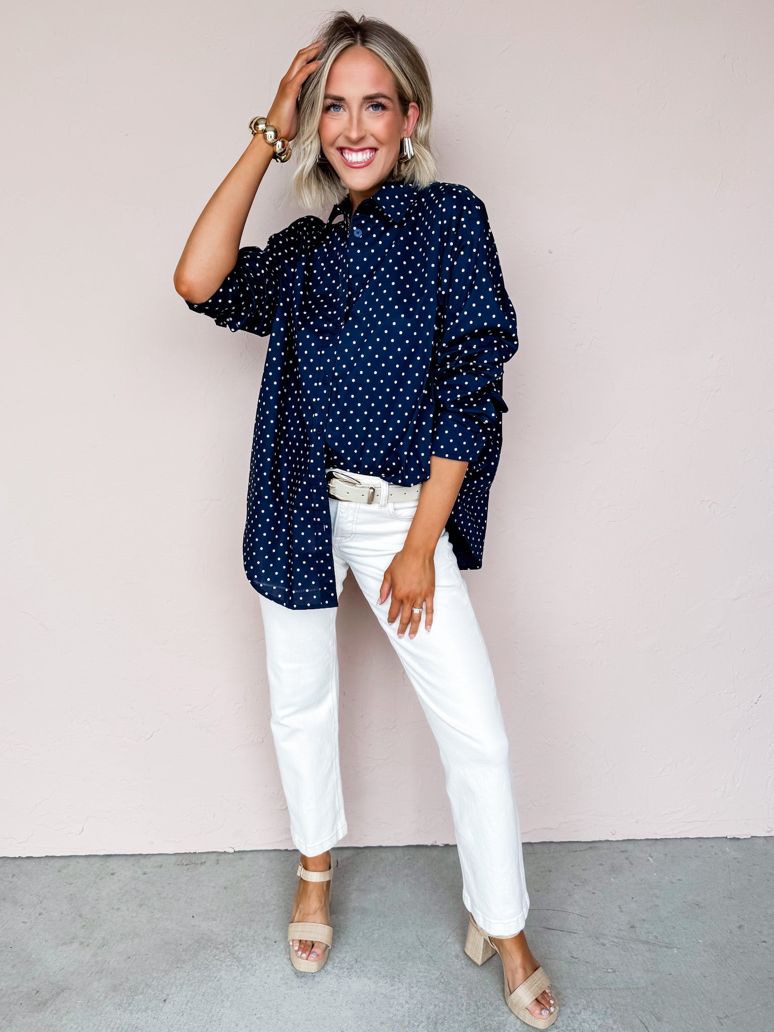 Laney Polka Dot Button Down Top-Navy