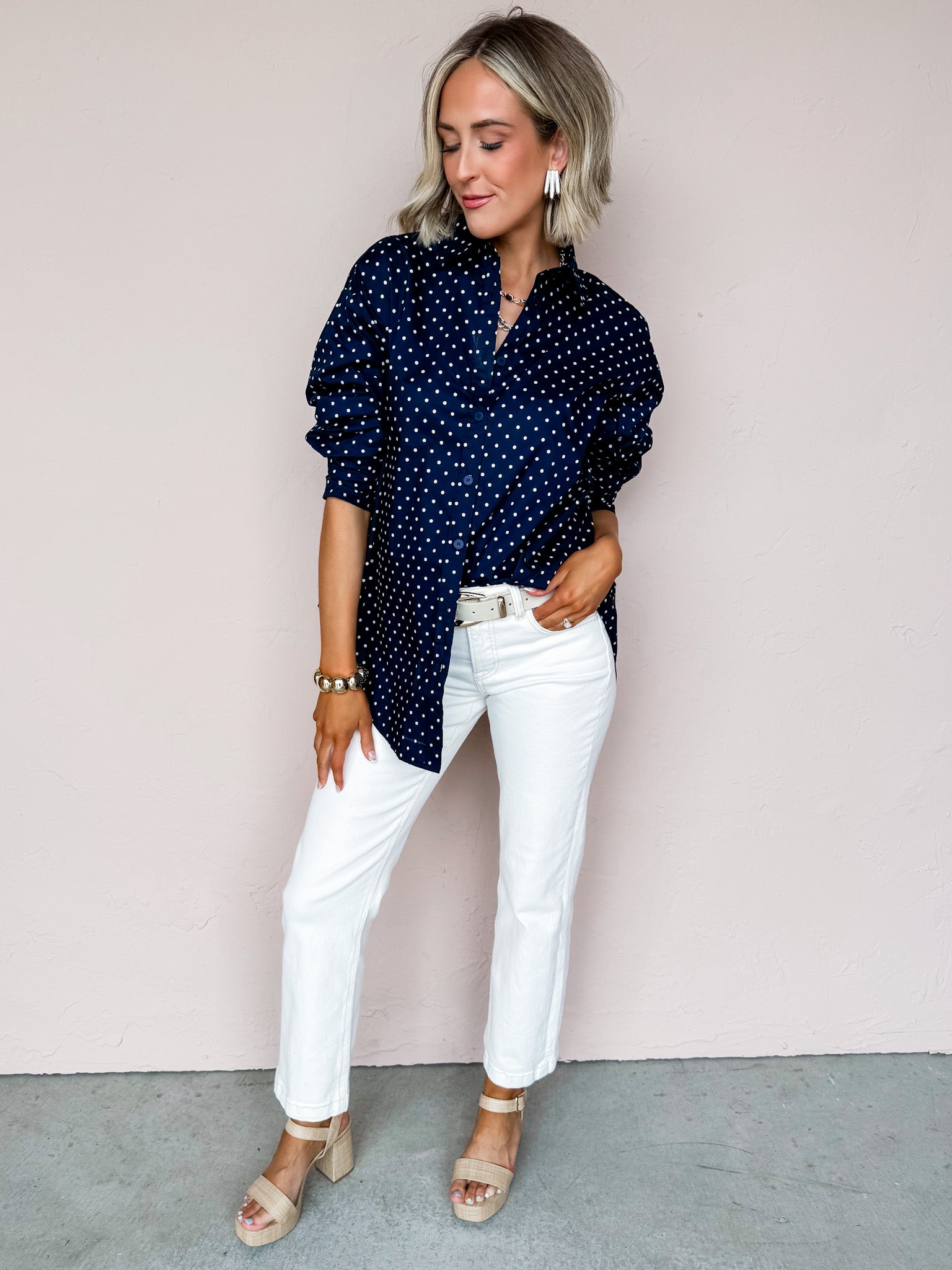 Laney Polka Dot Button Down Top-Navy