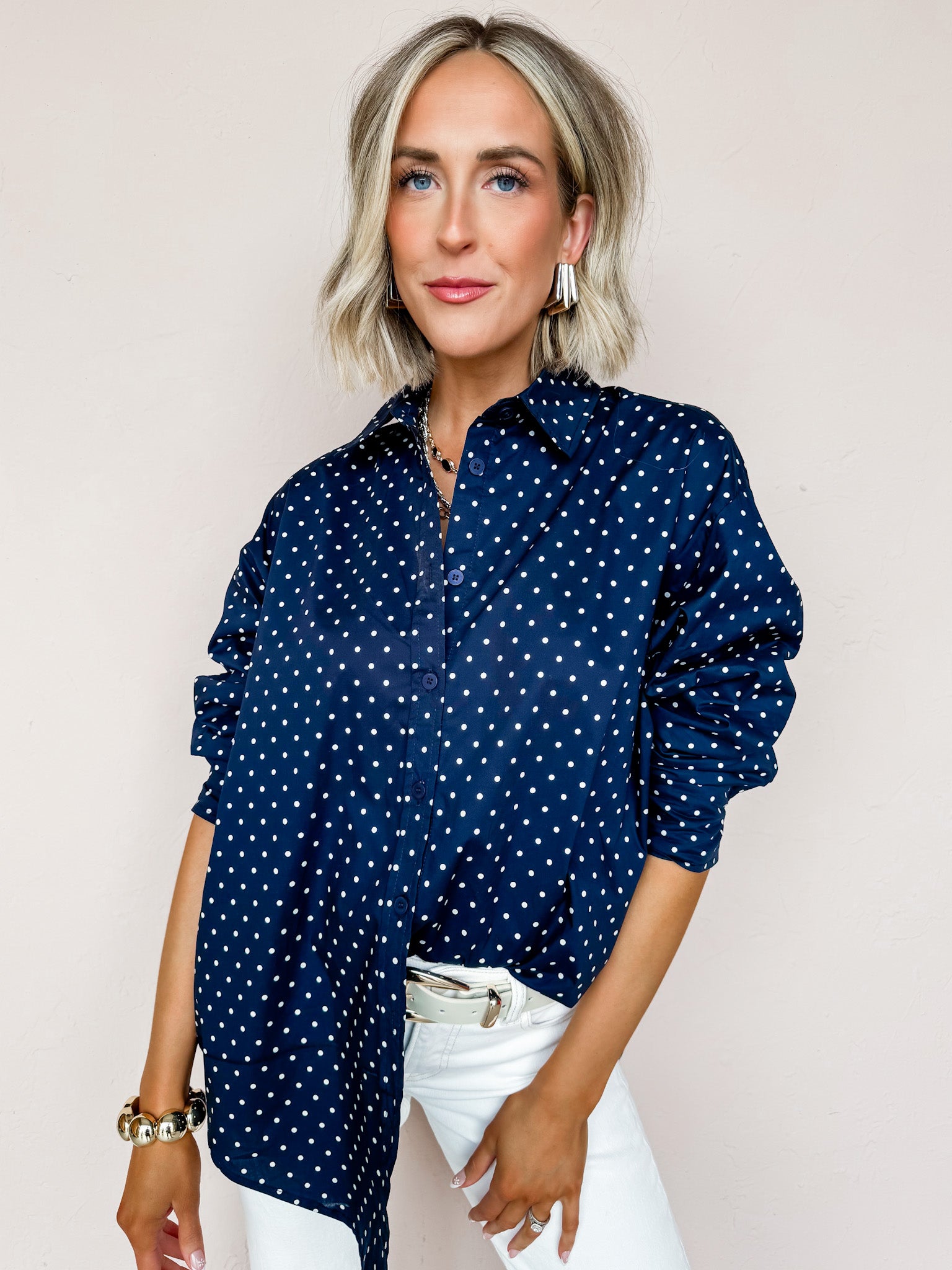 Laney Polka Dot Button Down Top-Navy
