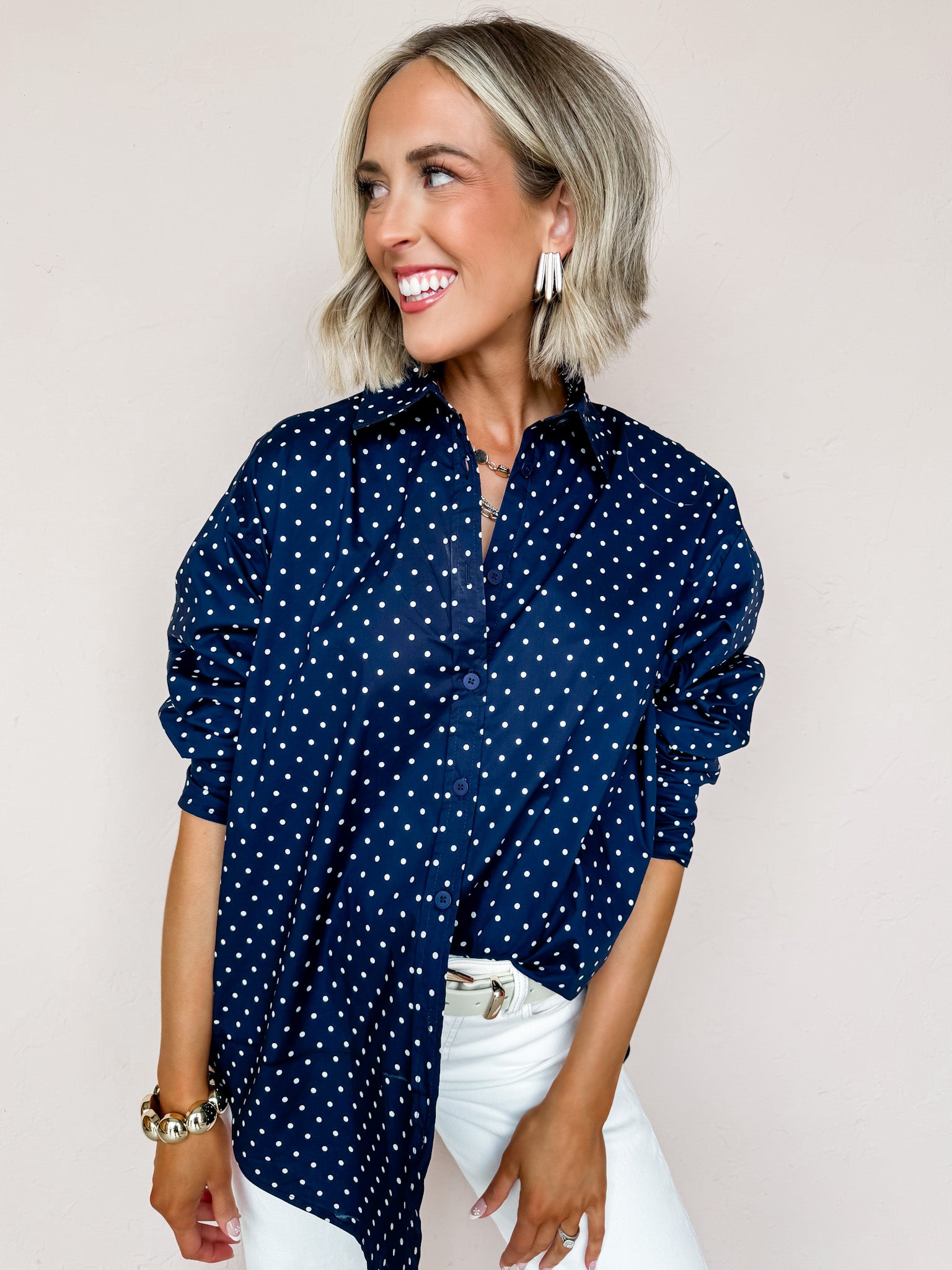 Laney Polka Dot Button Down Top-Navy