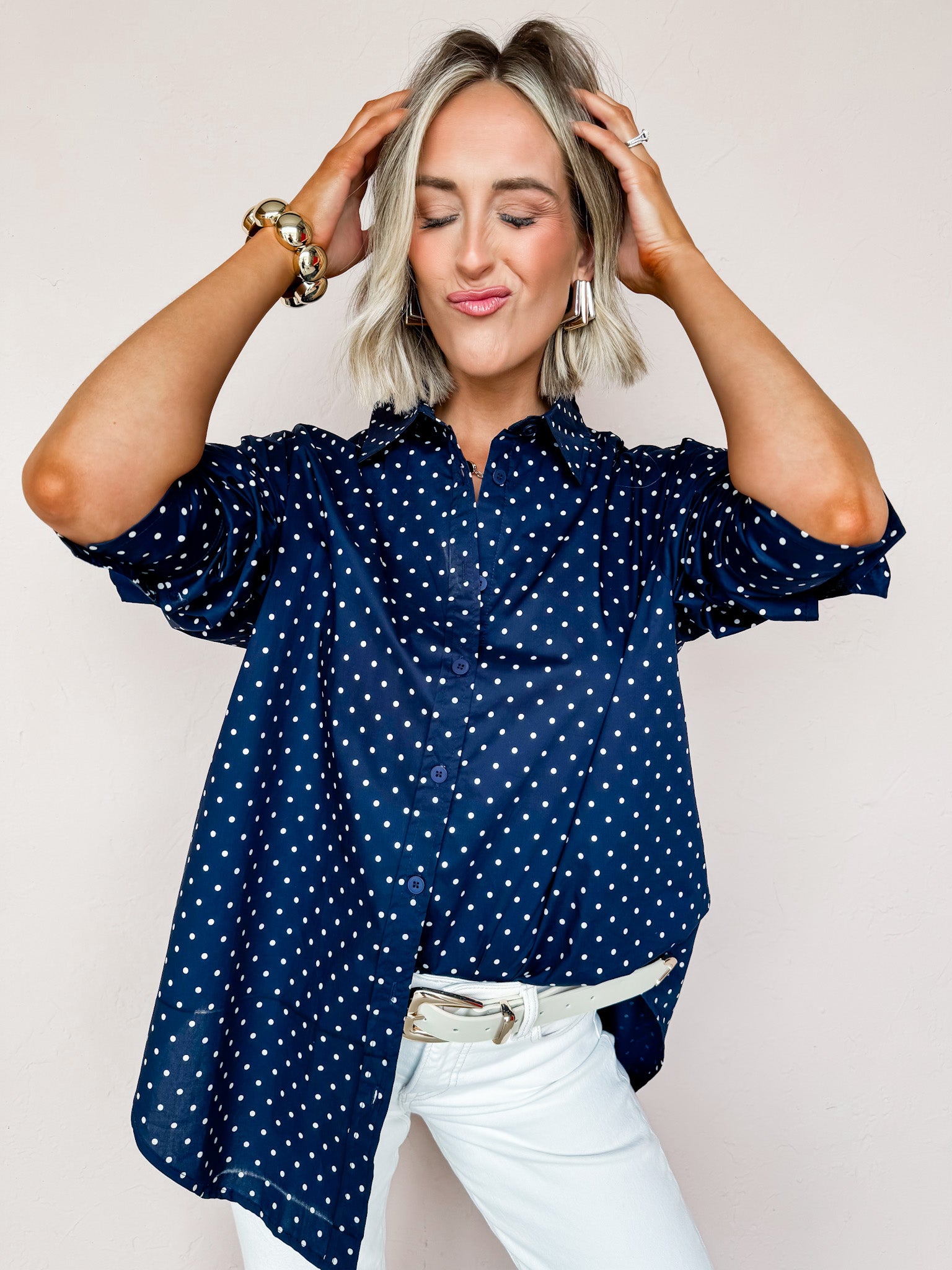 Laney Polka Dot Button Down Top-Navy