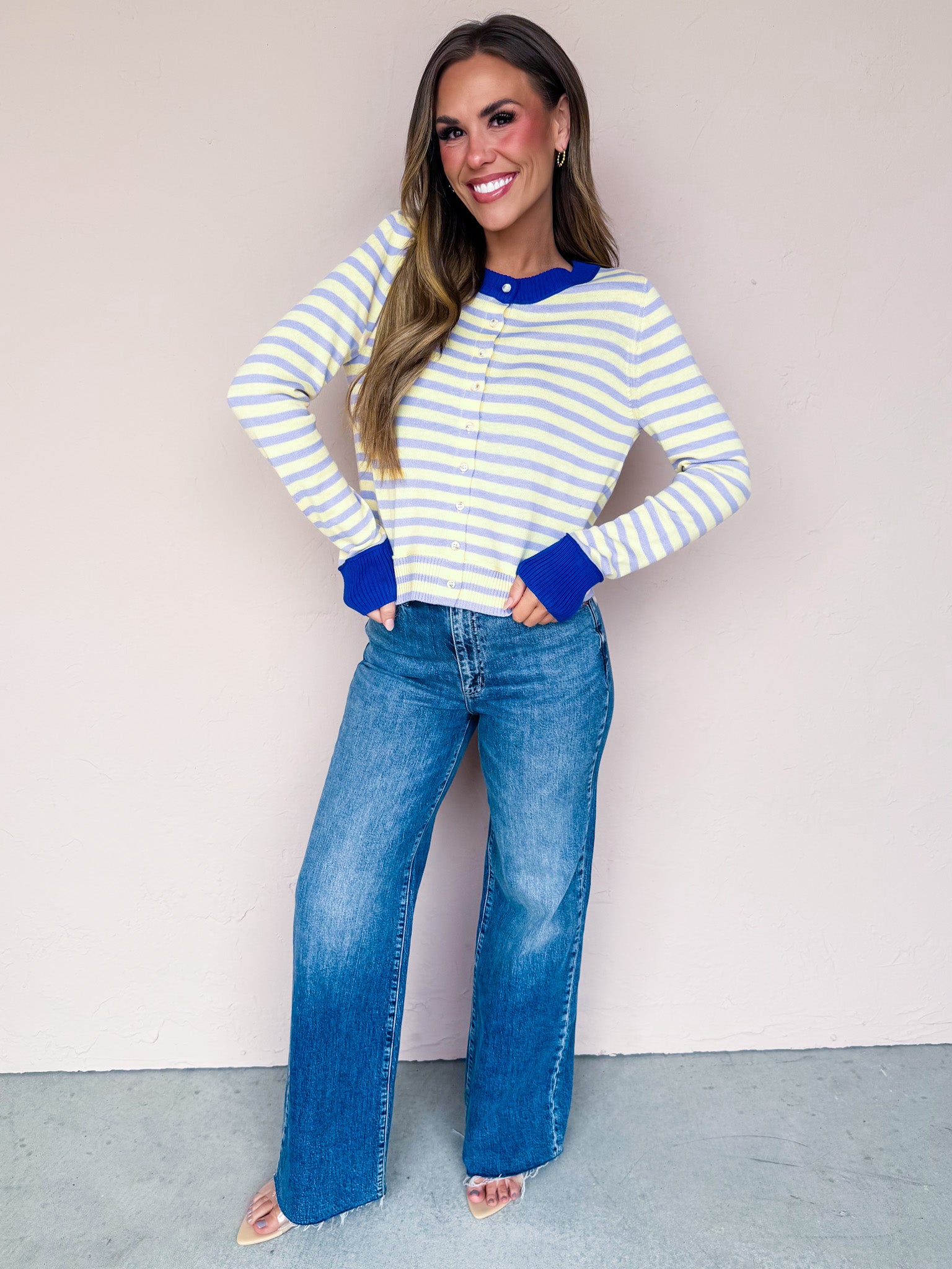 Maggie Lynn Stripe Button Front Cardigan-Lavender