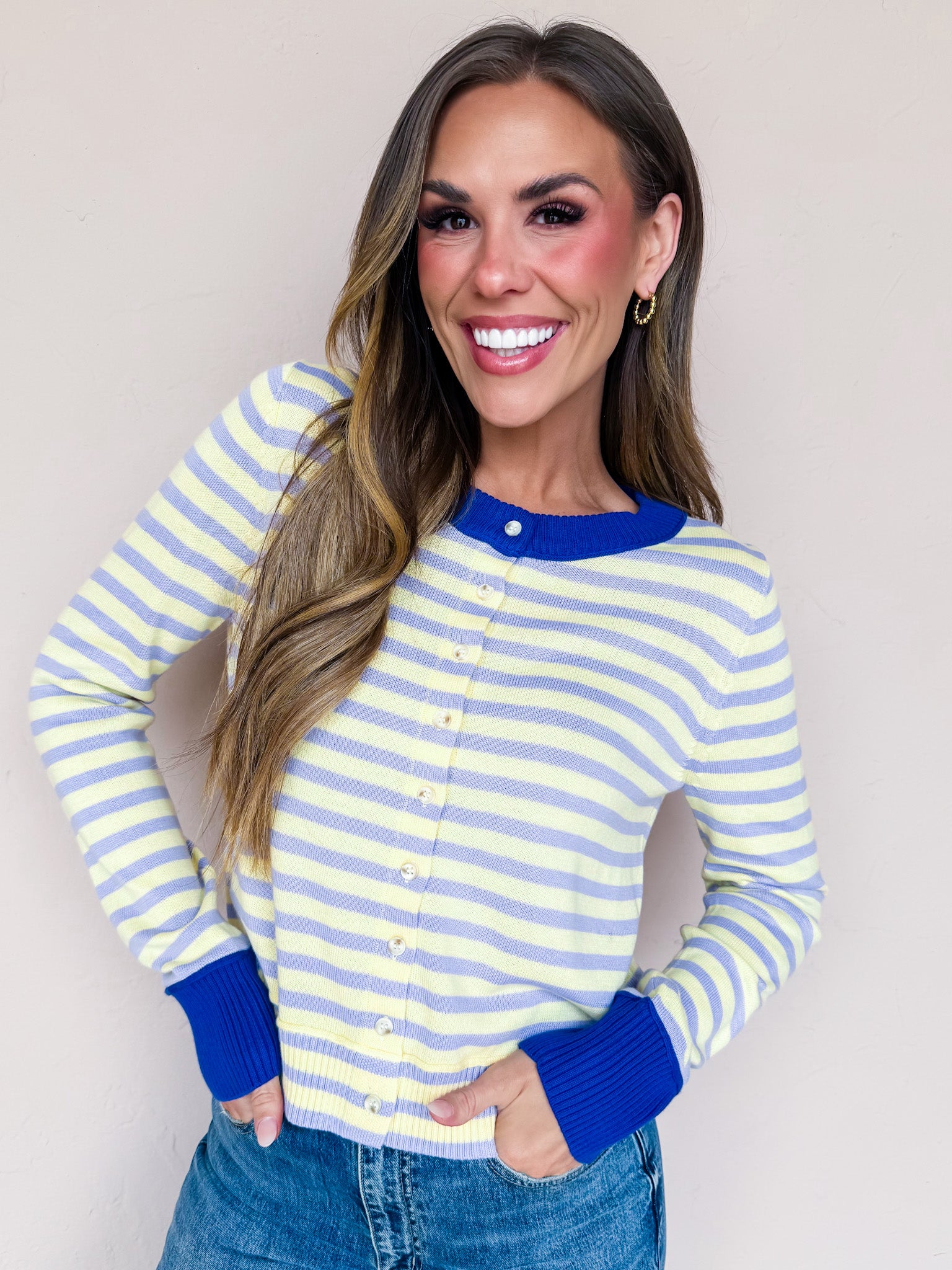 Maggie Lynn Stripe Button Front Cardigan-Lavender