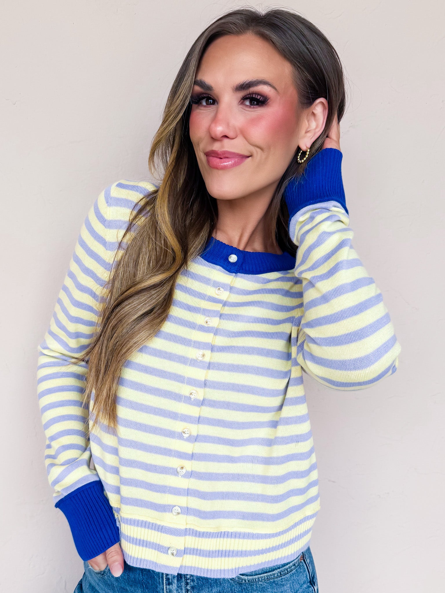 Maggie Lynn Stripe Button Front Cardigan-Lavender