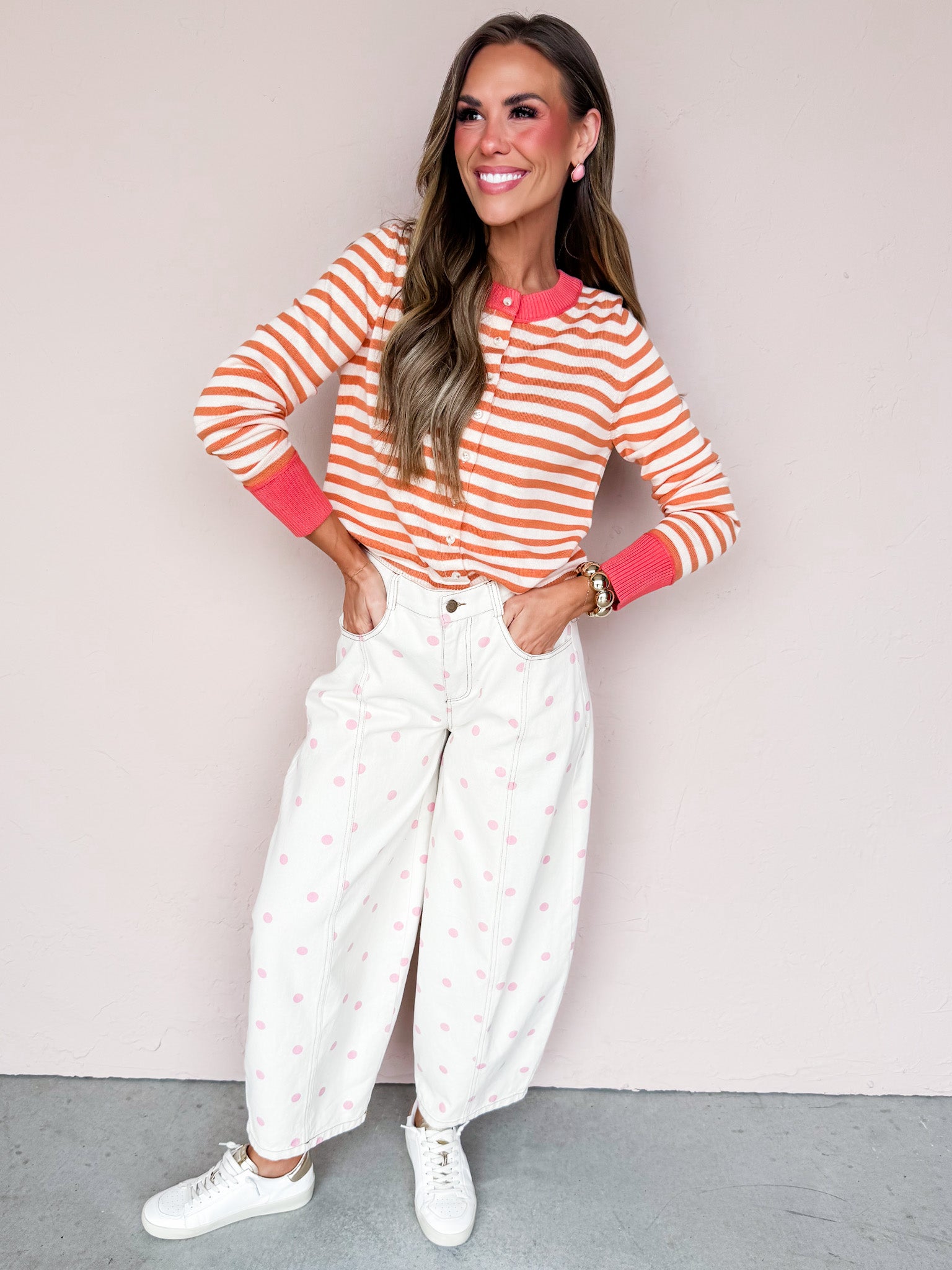 Maggie Lynn Stripe Button Front Cardigan-Peach