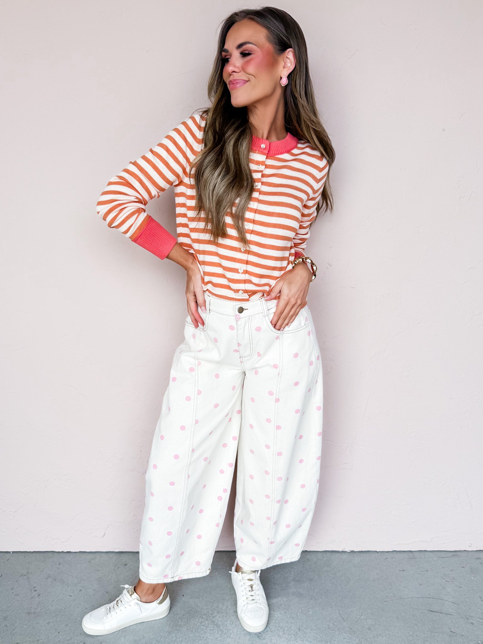 Maggie Lynn Stripe Button Front Cardigan-Peach