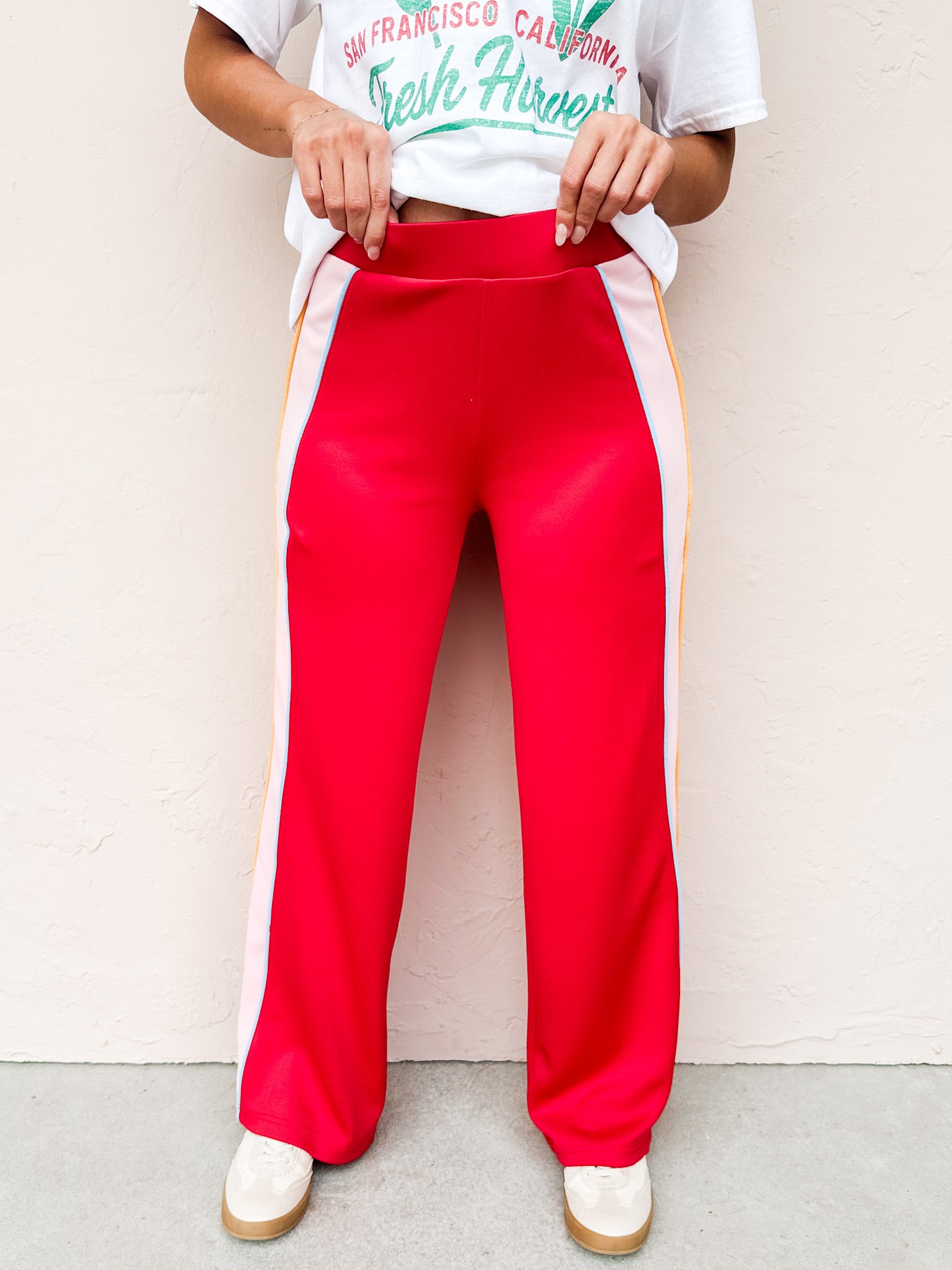 Harper Color Block Knit Track Pants-Red