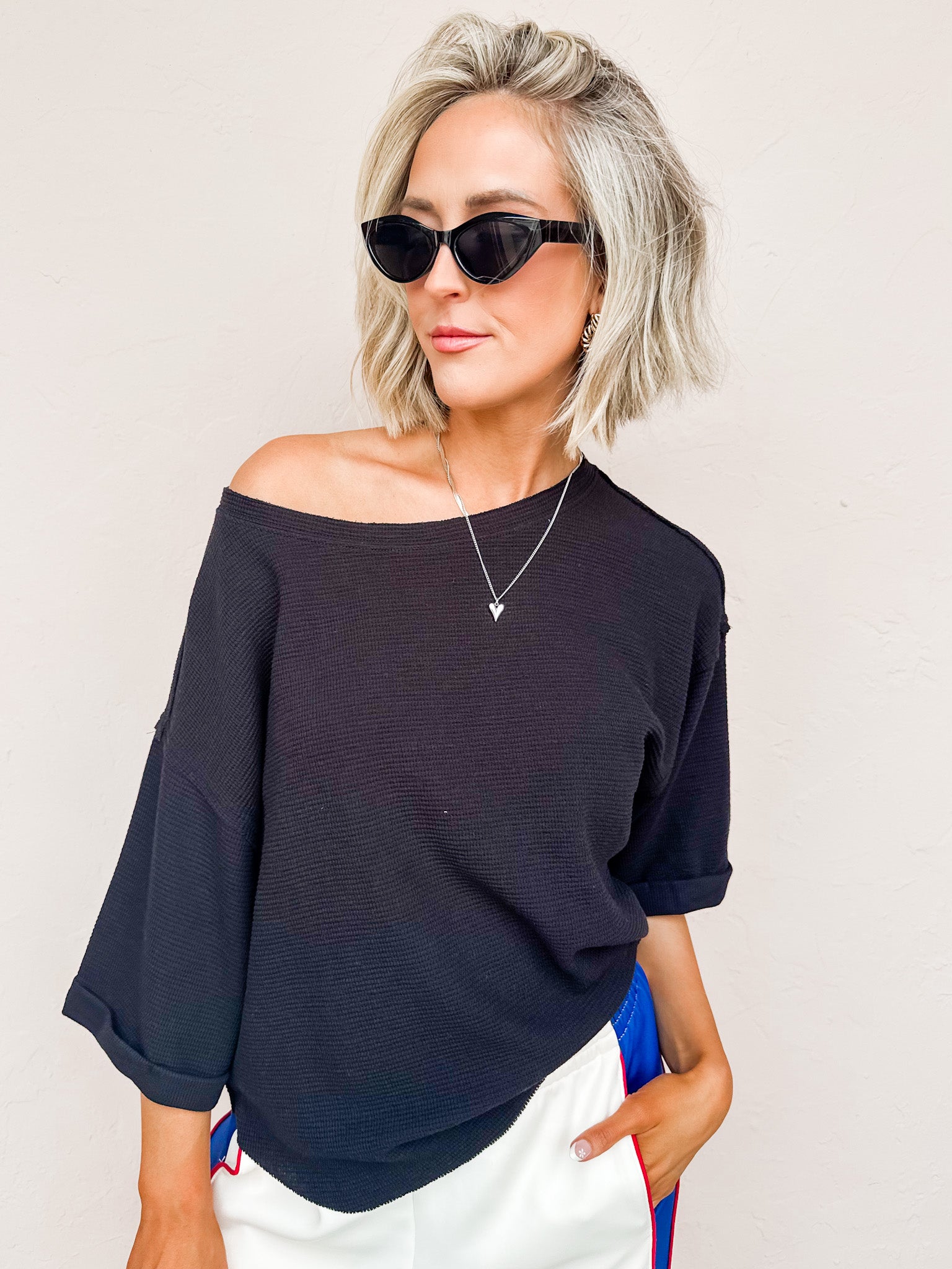 Rainy Waffle Knit Top-Black