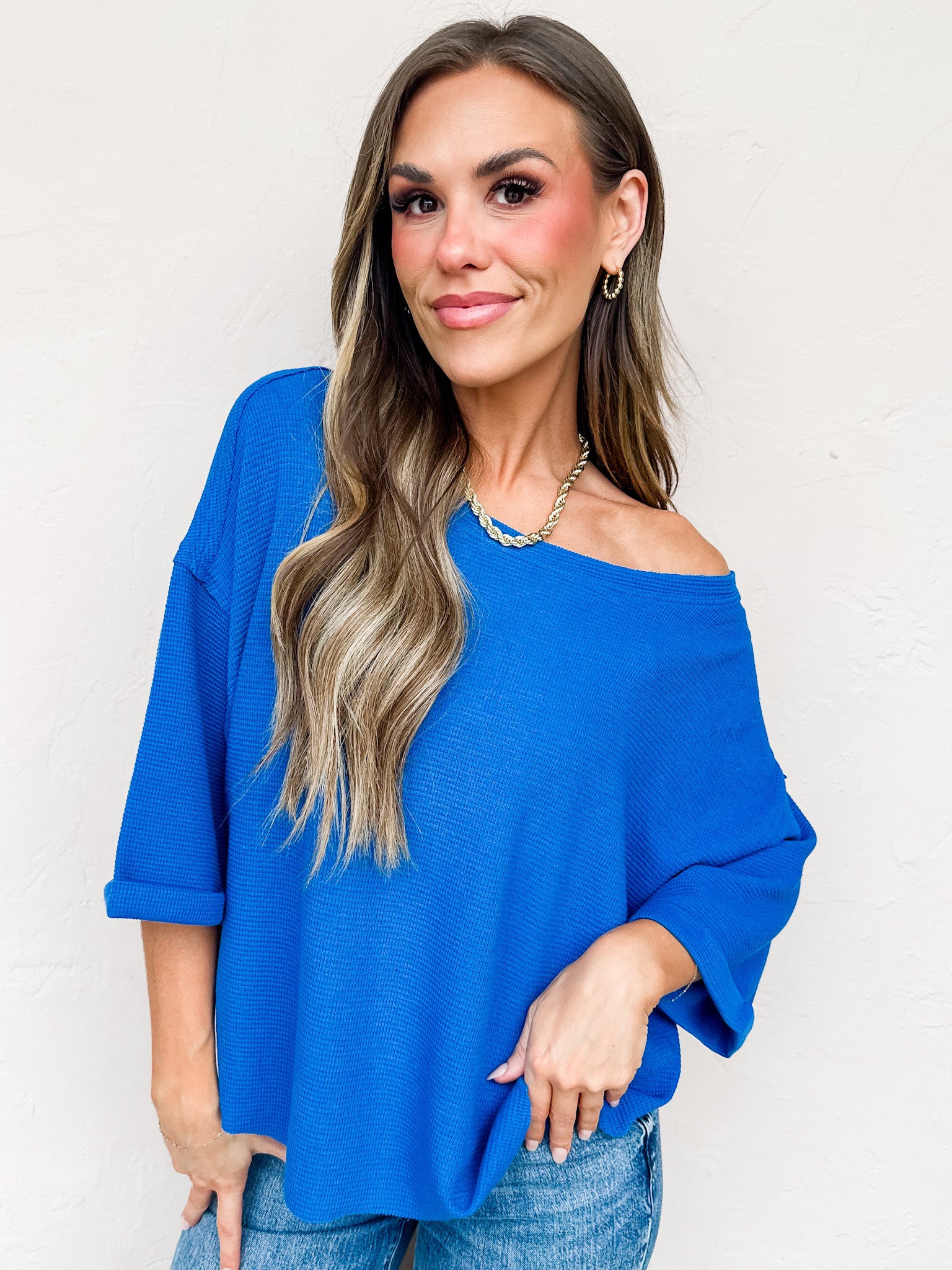 Rainy Waffle Knit Top-Blue