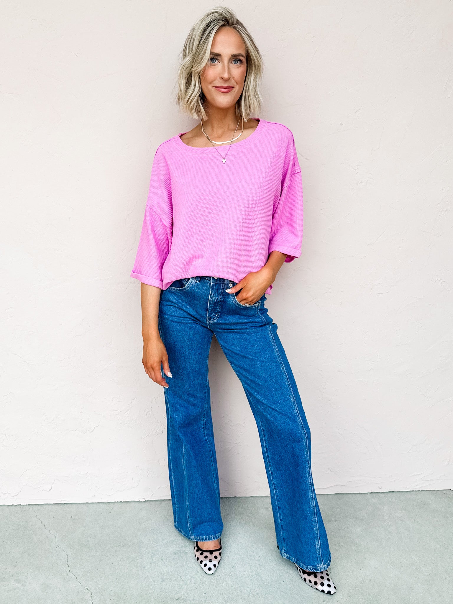 Rainy Waffle Knit Top-Pink