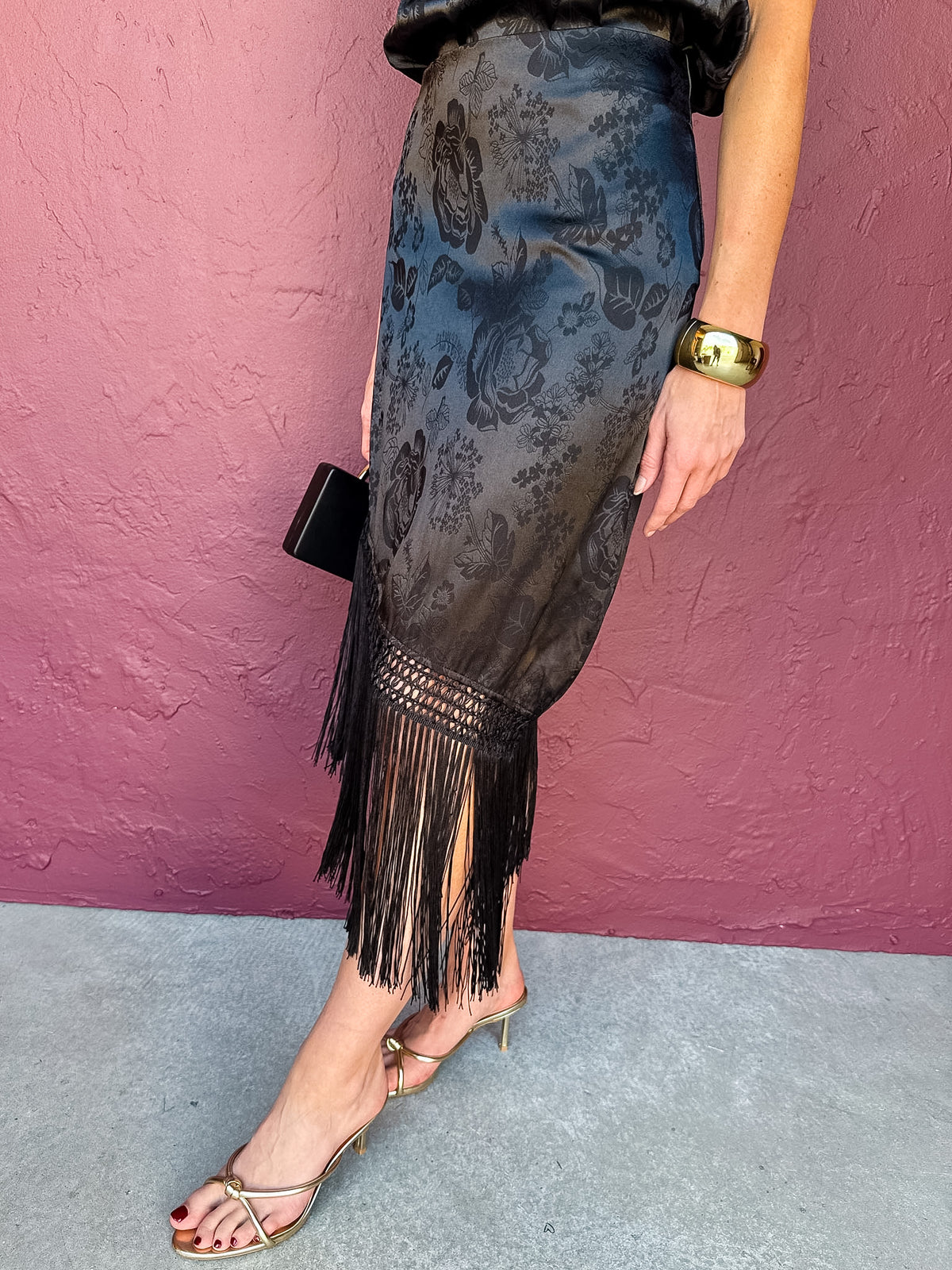 Adaline Jacquard Satin Asymmetrical Fringe Skirt