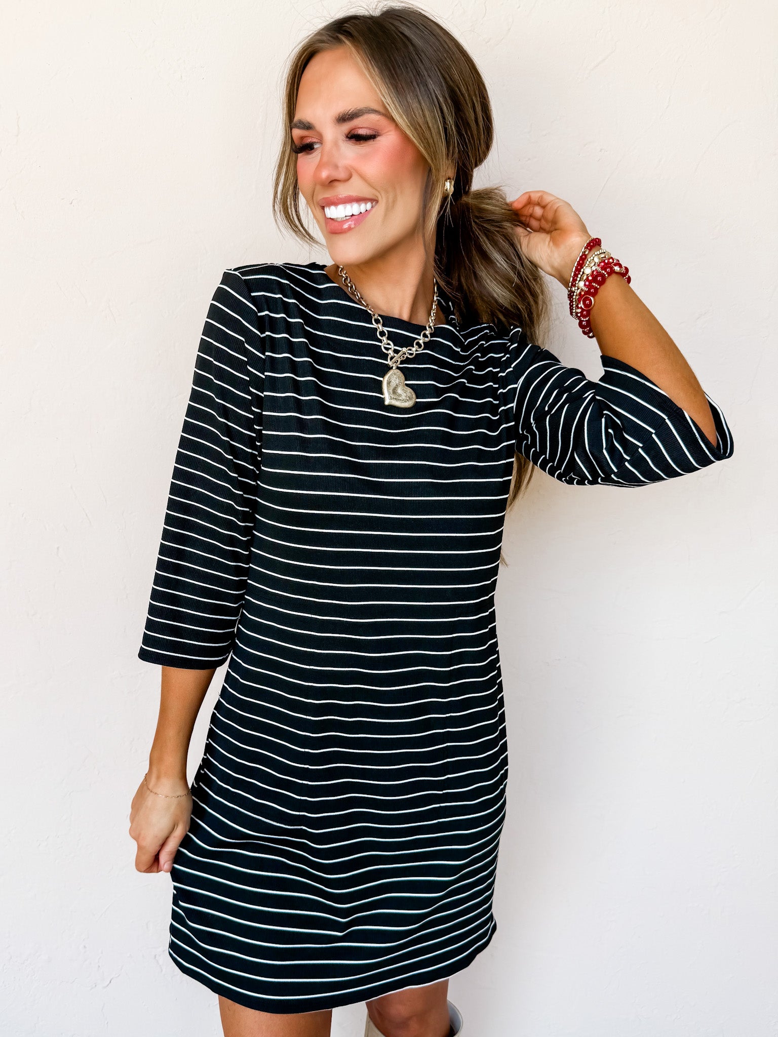 knee length dresses for ladies All In Theory Striped Shift Mini Dress
