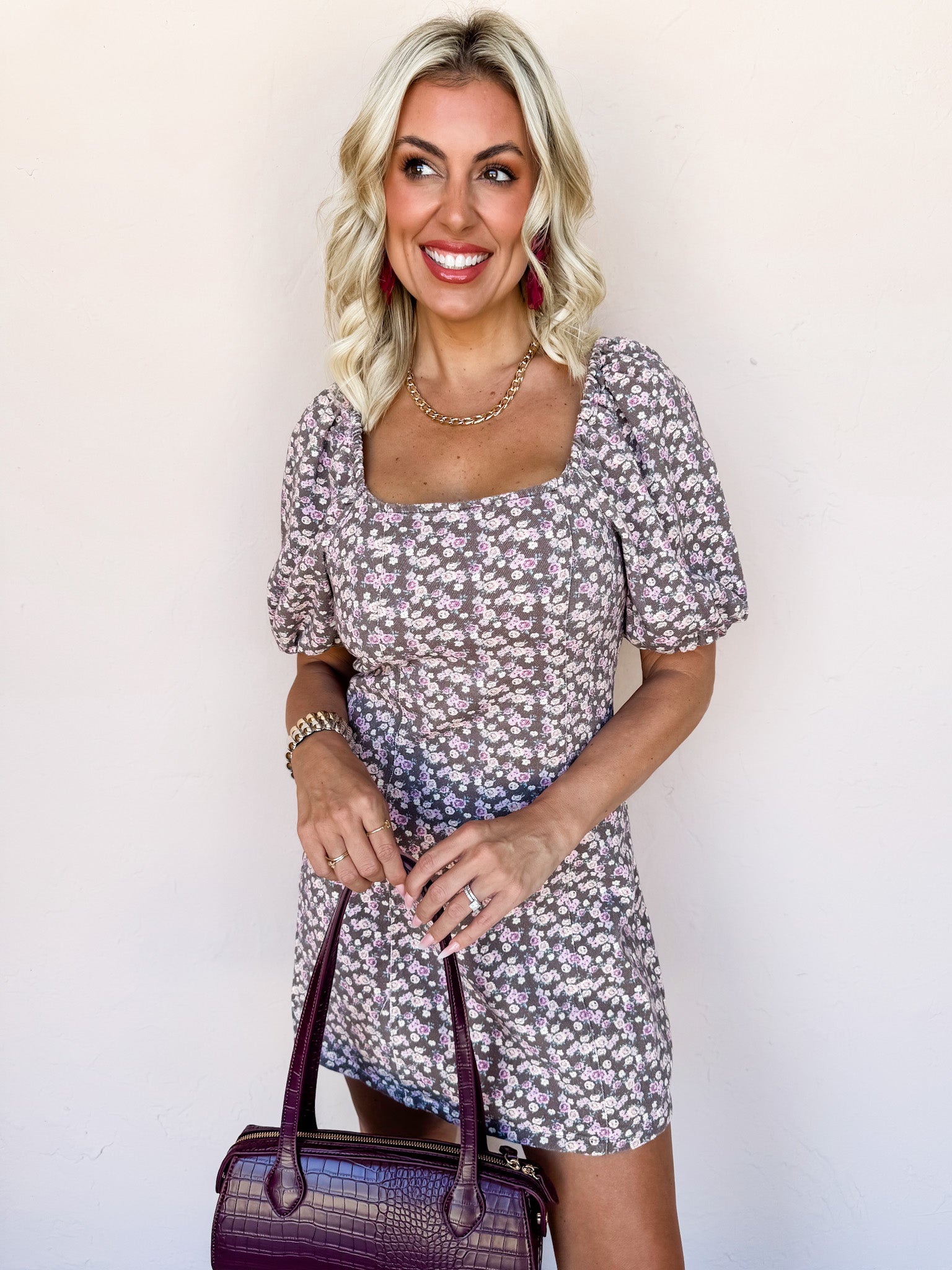 Amber Woods Floral Square Neck Mini Dress