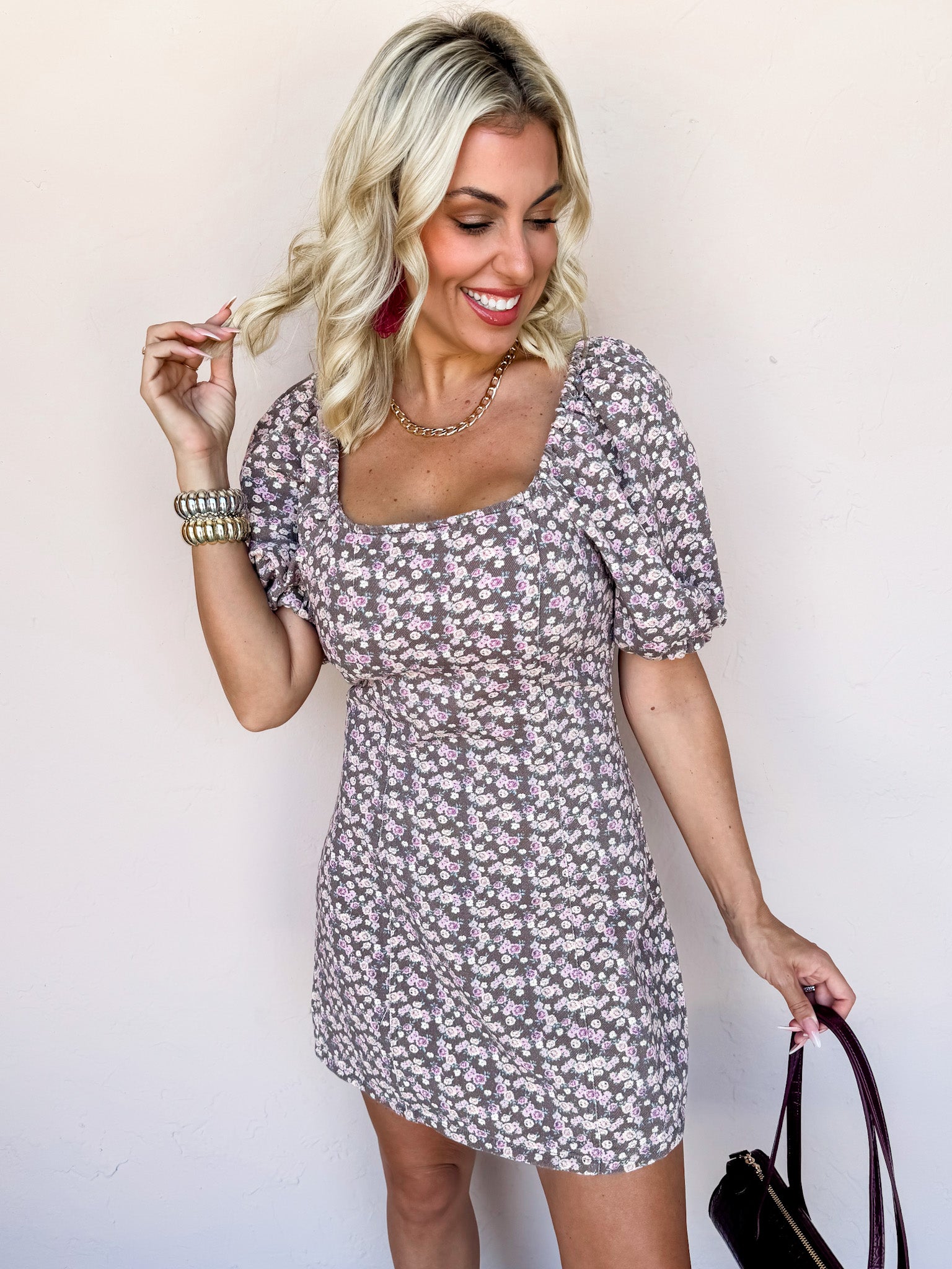 Amber Woods Floral Square Neck Mini Dress