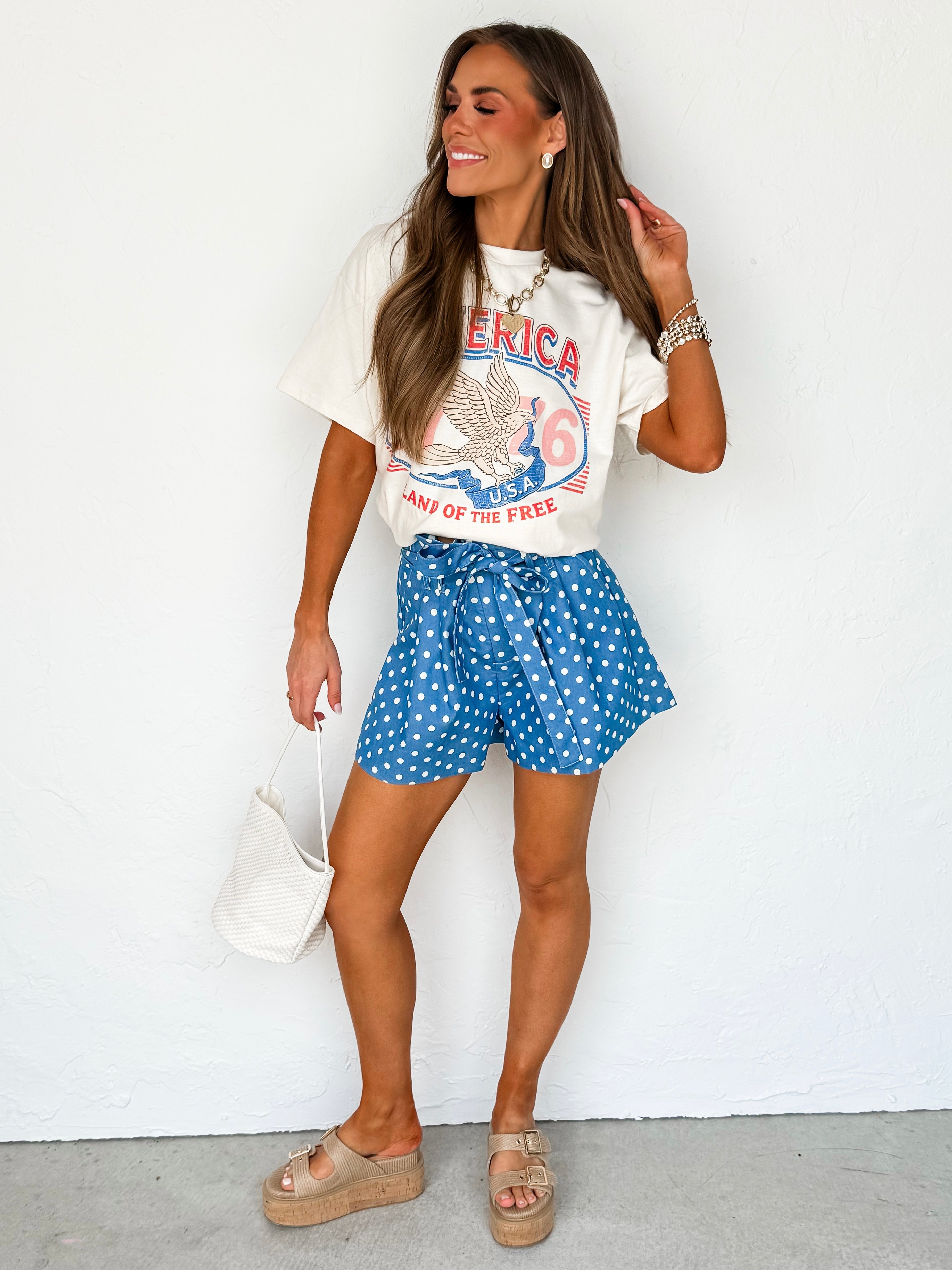 Aceland Polka Dot Tie Denim Shorts