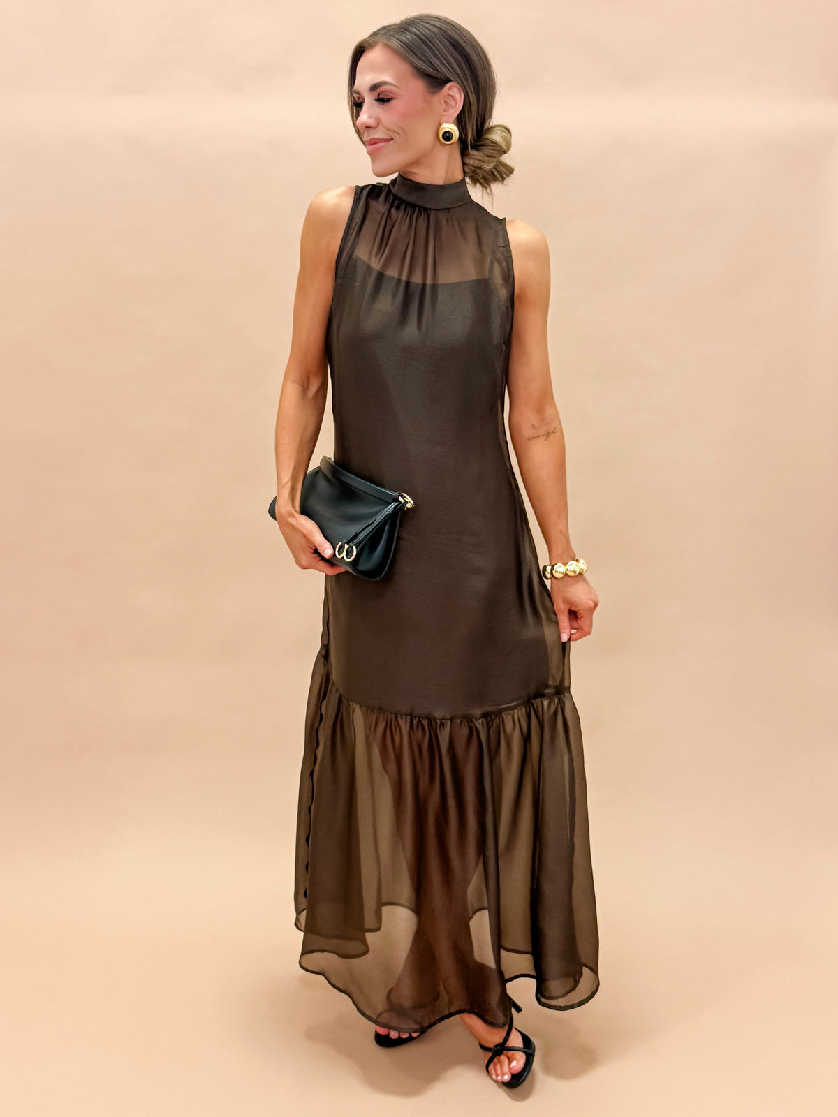 Angela Organza Mock Neck Maxi Dress-Brown