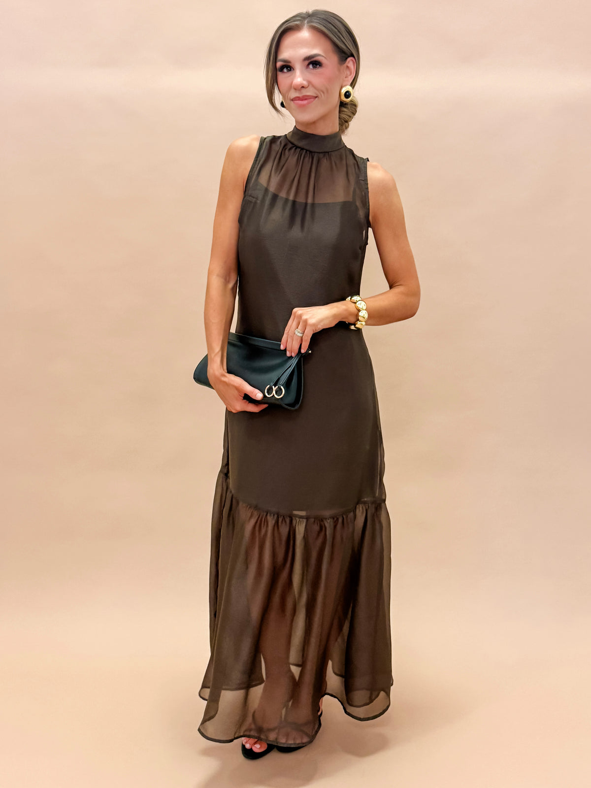 Angela Organza Mock Neck Maxi Dress-Brown