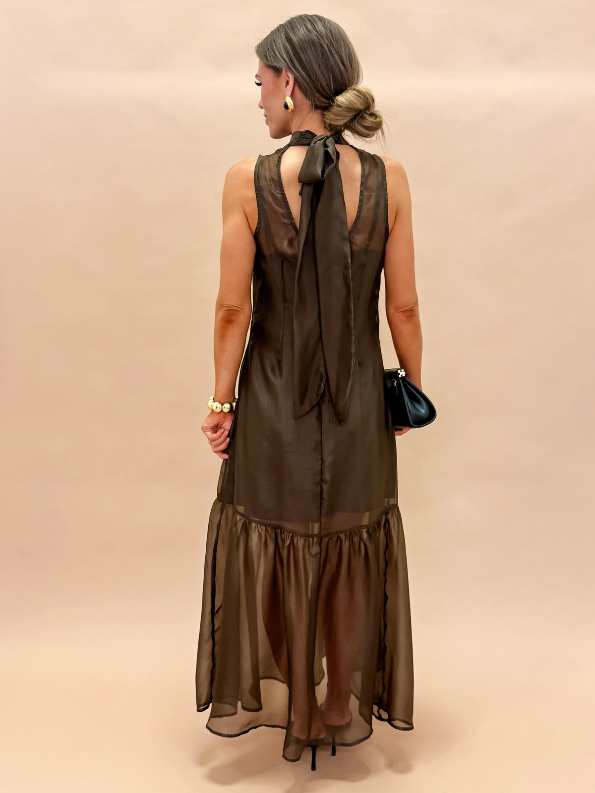 Angela Organza Mock Neck Maxi Dress-Brown