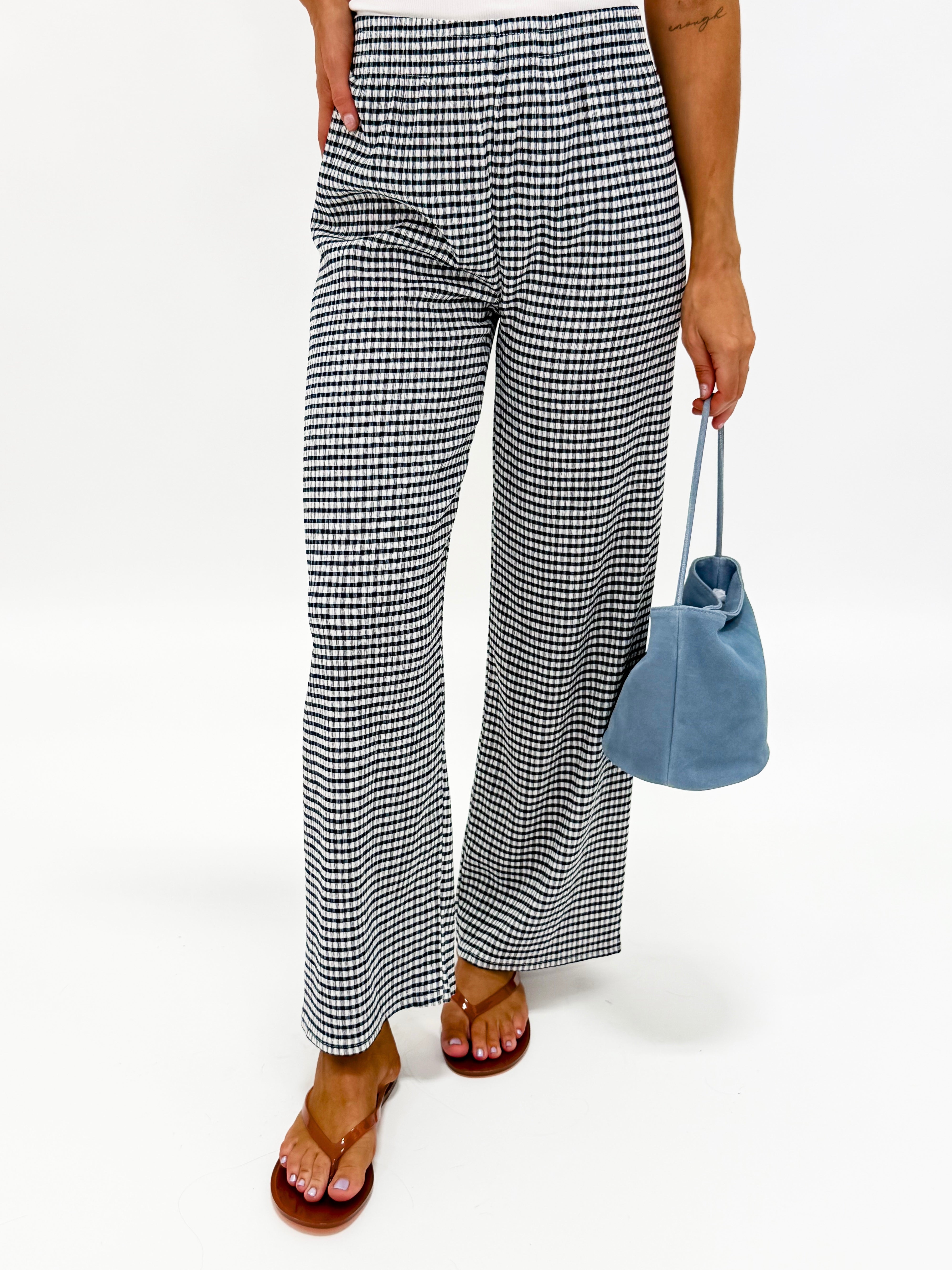 Angie Gingham Wide Leg Pants-Navy
