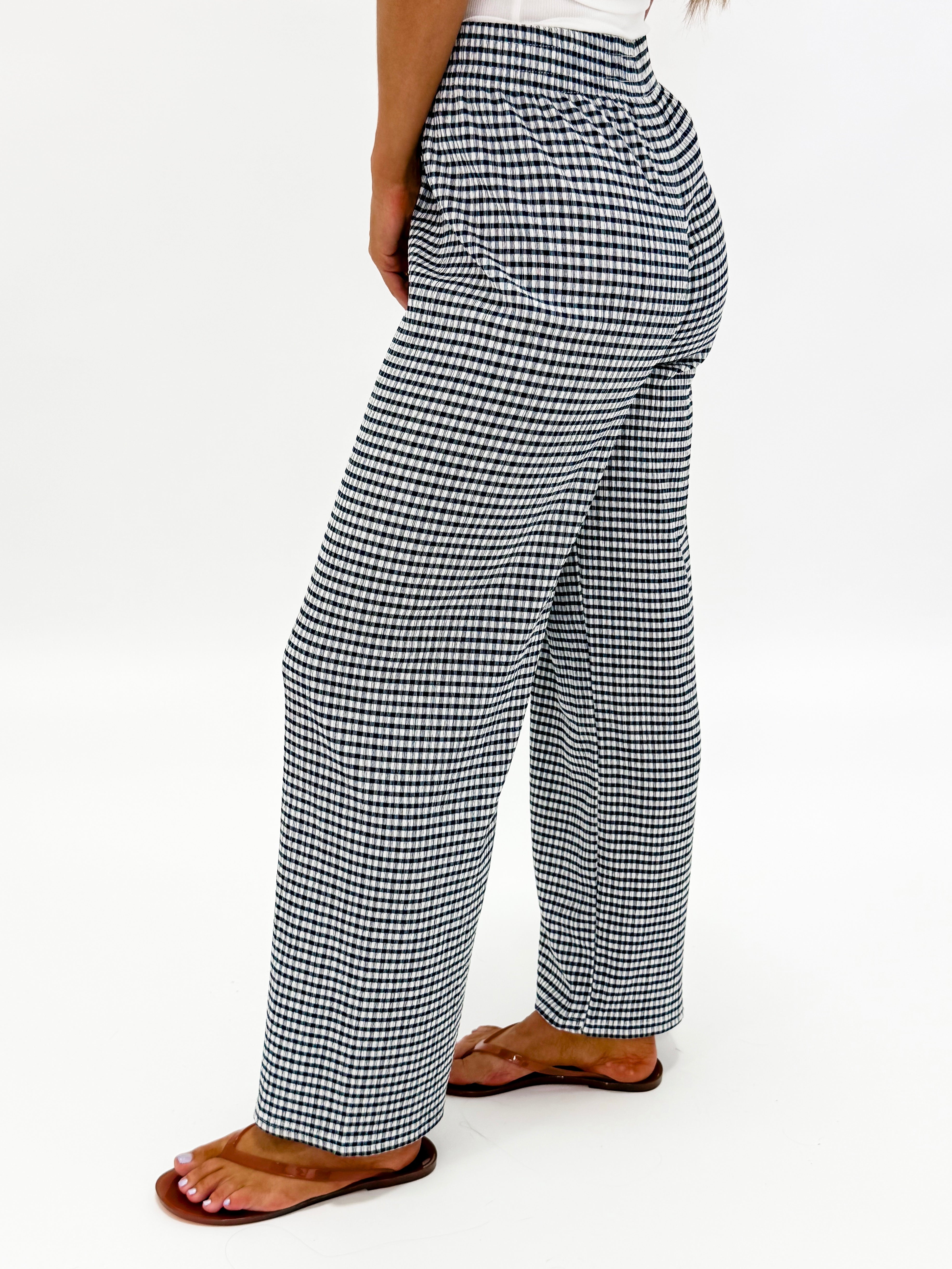 Angie Gingham Wide Leg Pants-Navy