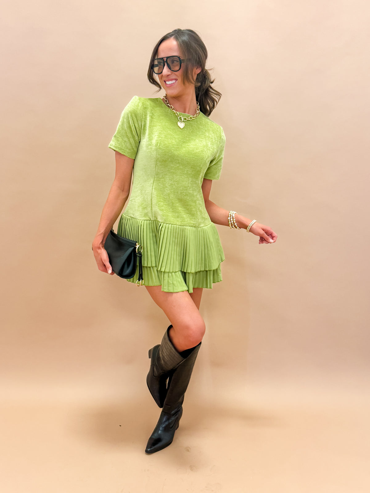 Arden Pleated Mini Dress-Green