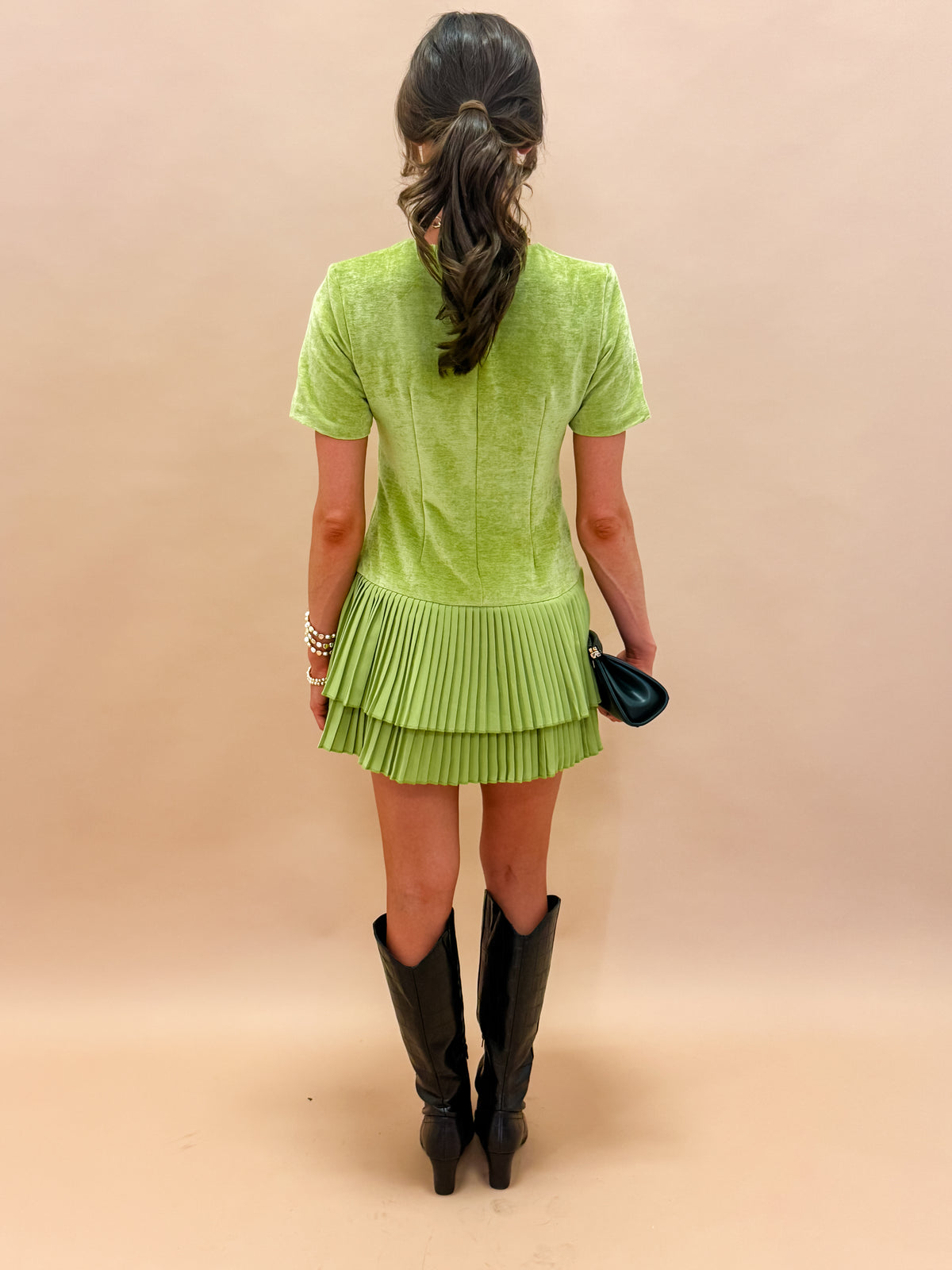 Arden Pleated Mini Dress-Green