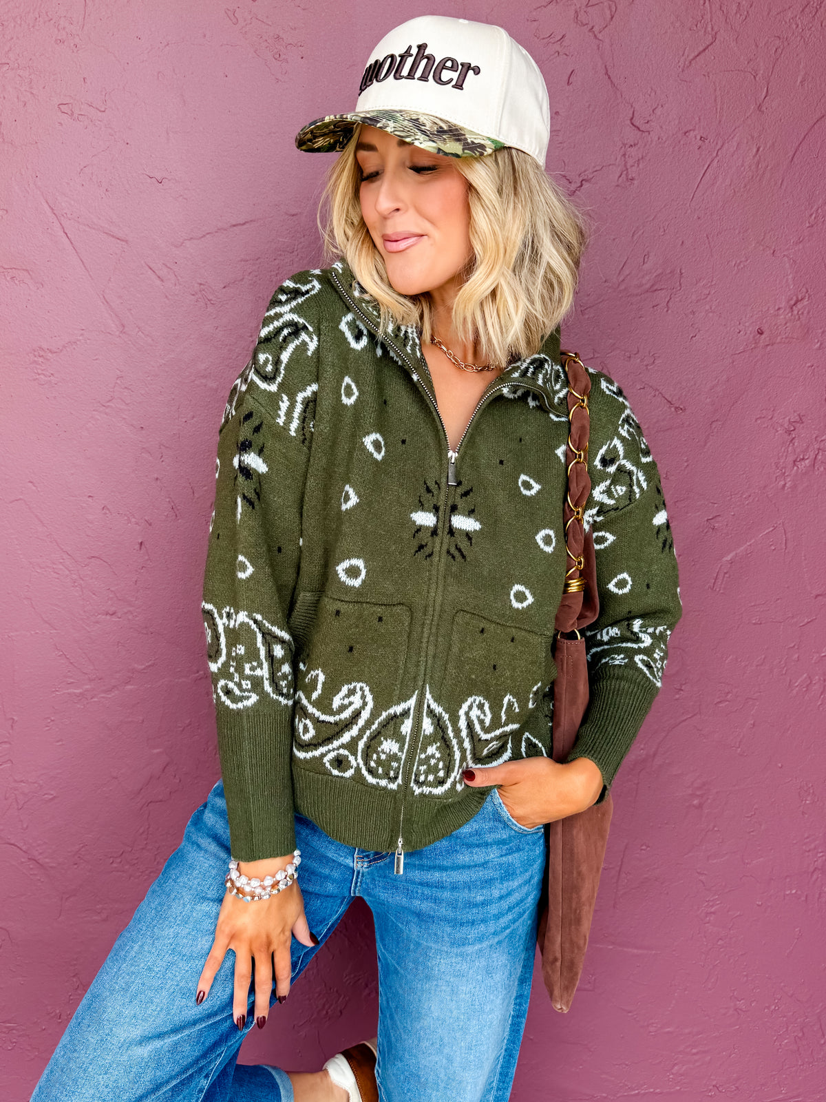 Aria Stand Collar Cardigan-Green