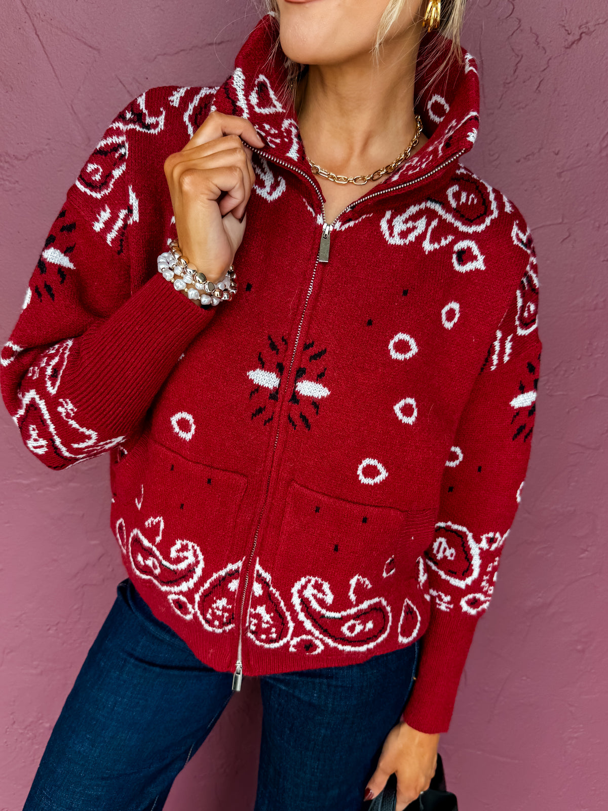 Aria Stand Collar Cardigan-Red