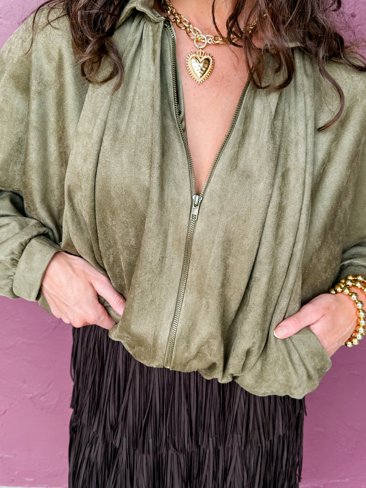 Arwen Suede Collar Sleeve Bomber Jacket