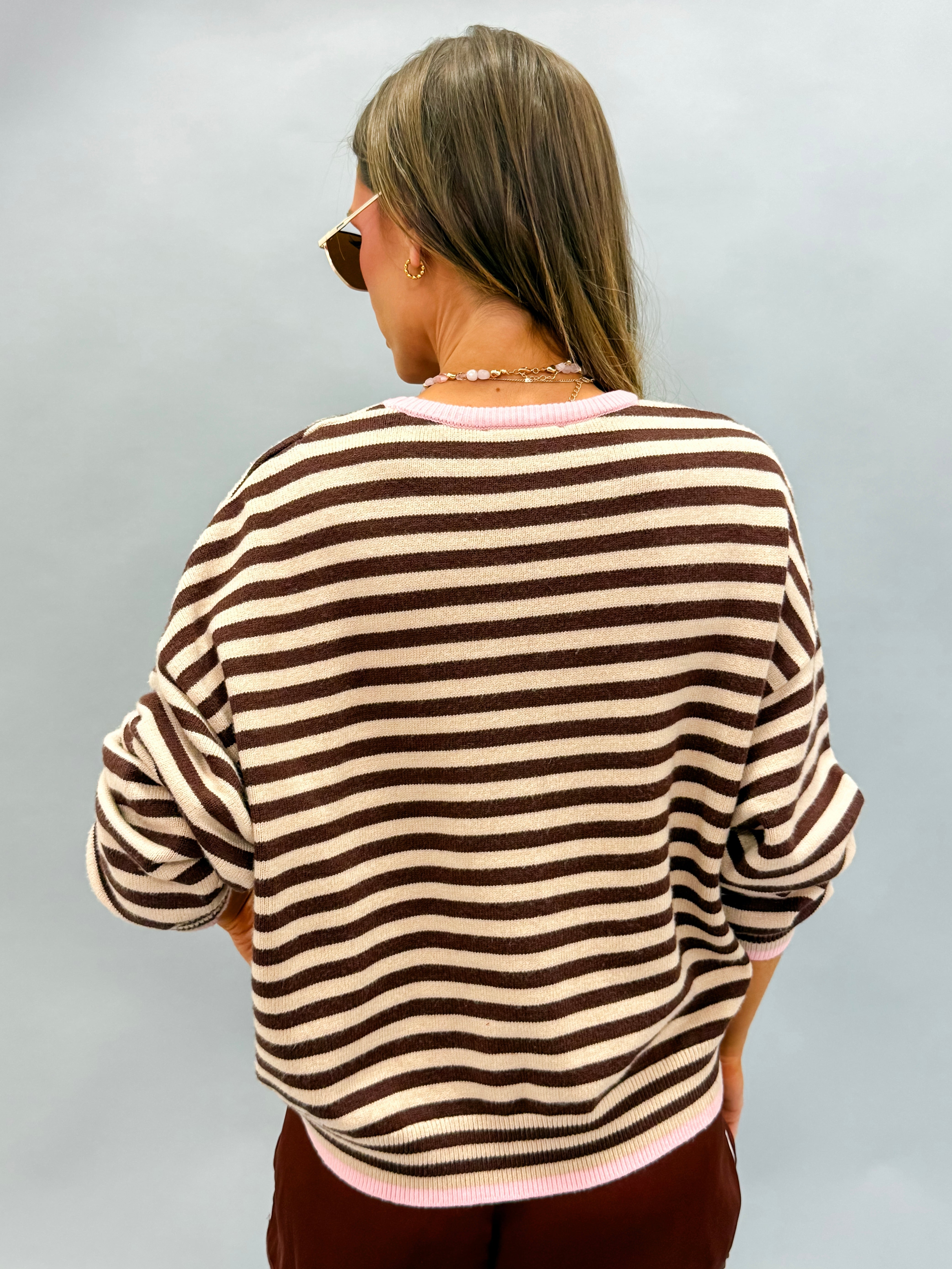 Audrey Striped Sweater-Chocolate/Pink