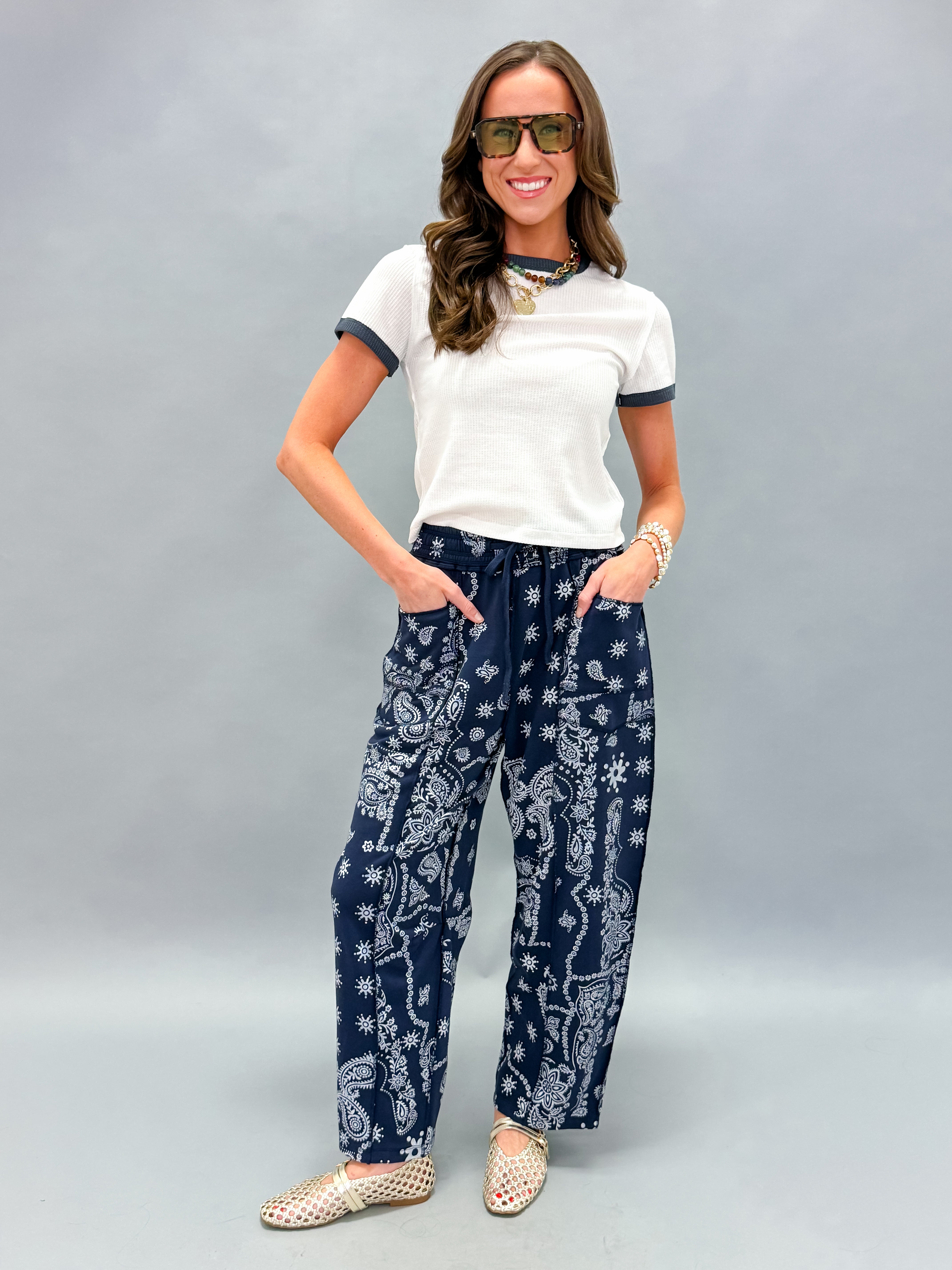 Bandera Barrel Knit Pants-Navy Bandana