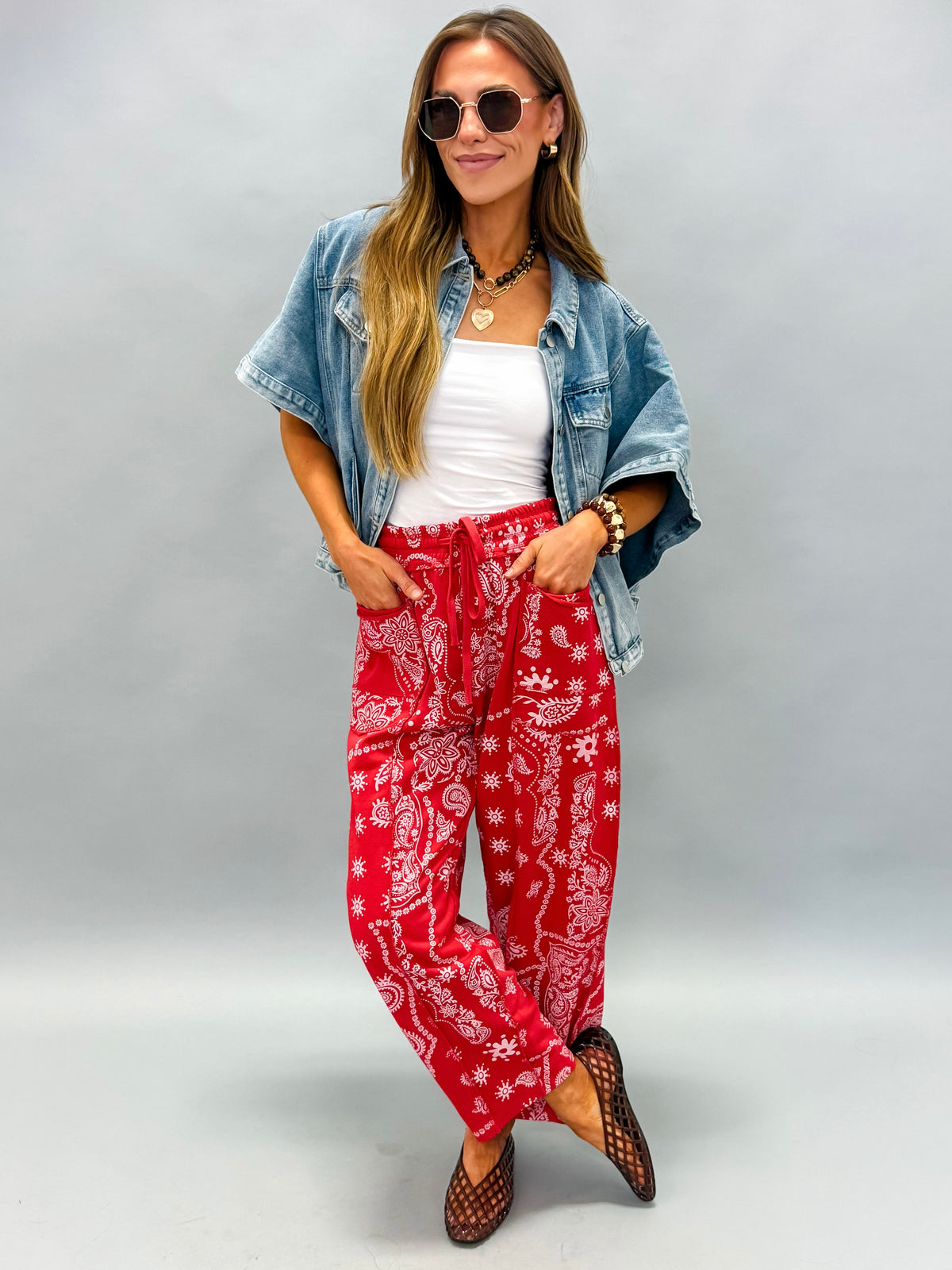 Bandera Barrel Knit Pants-Red Bandana