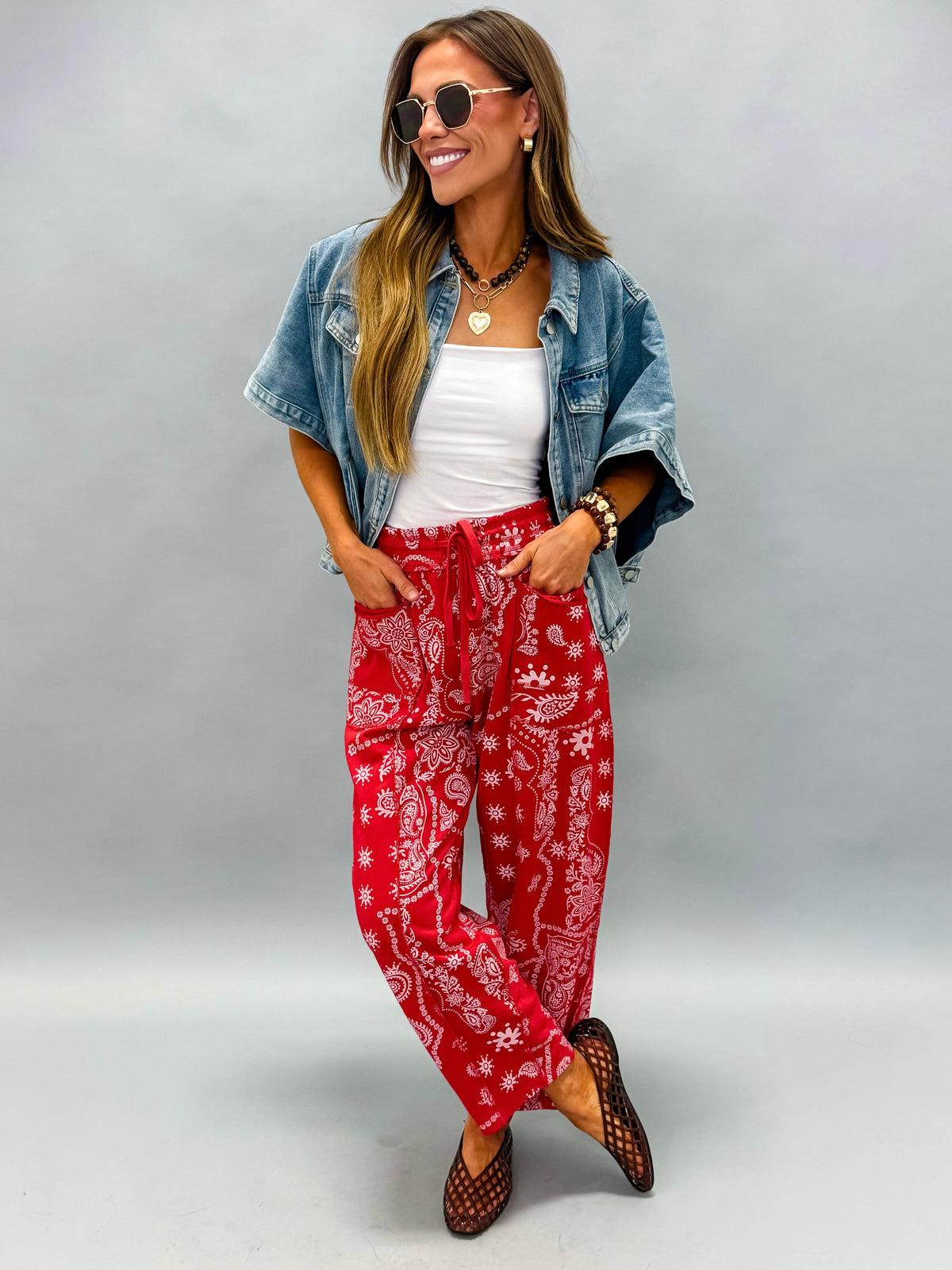 Bandera Barrel Knit Pants-Red Bandana