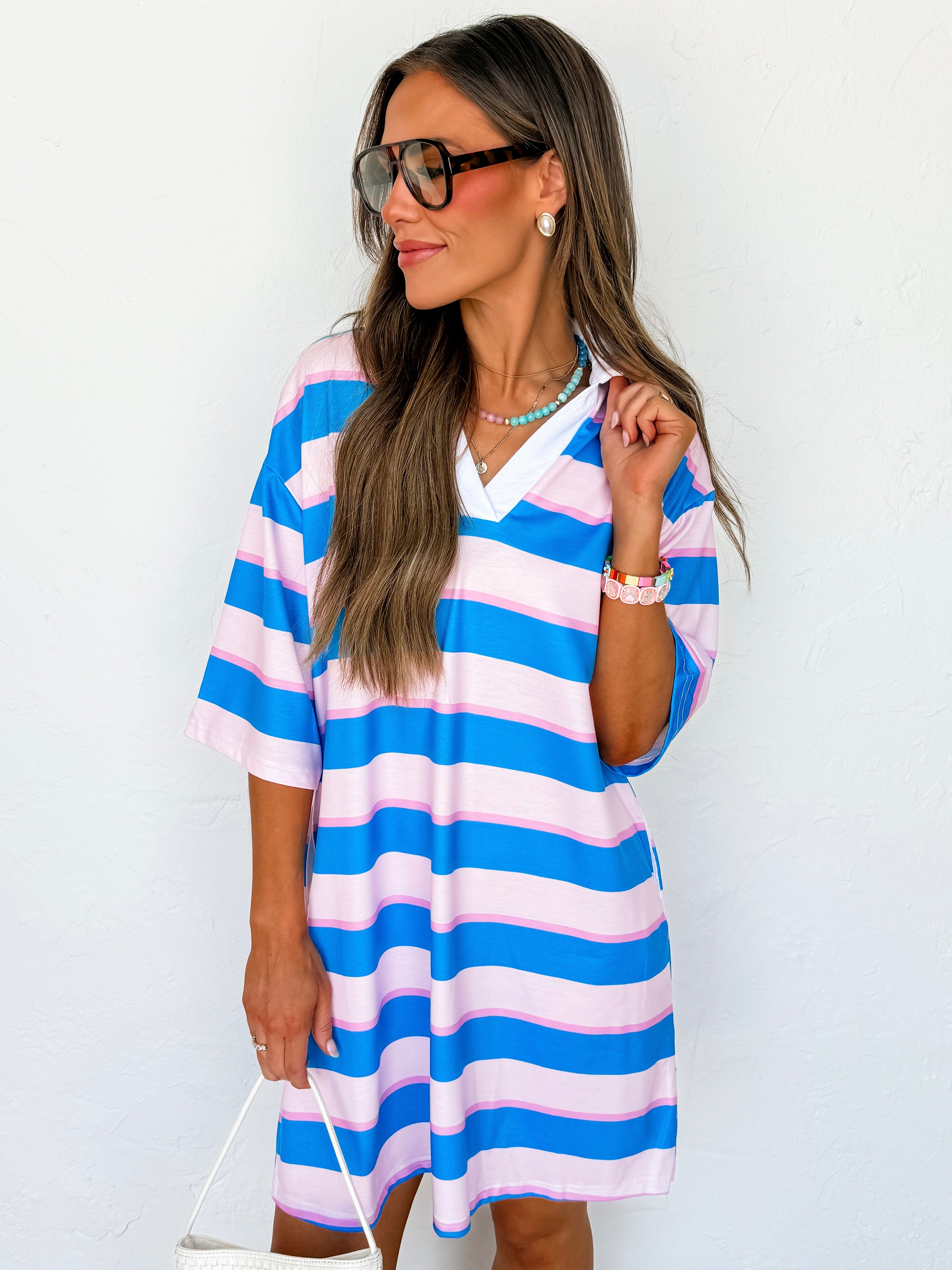 Brynlee Oversized Rugby Mini Dress-Blue