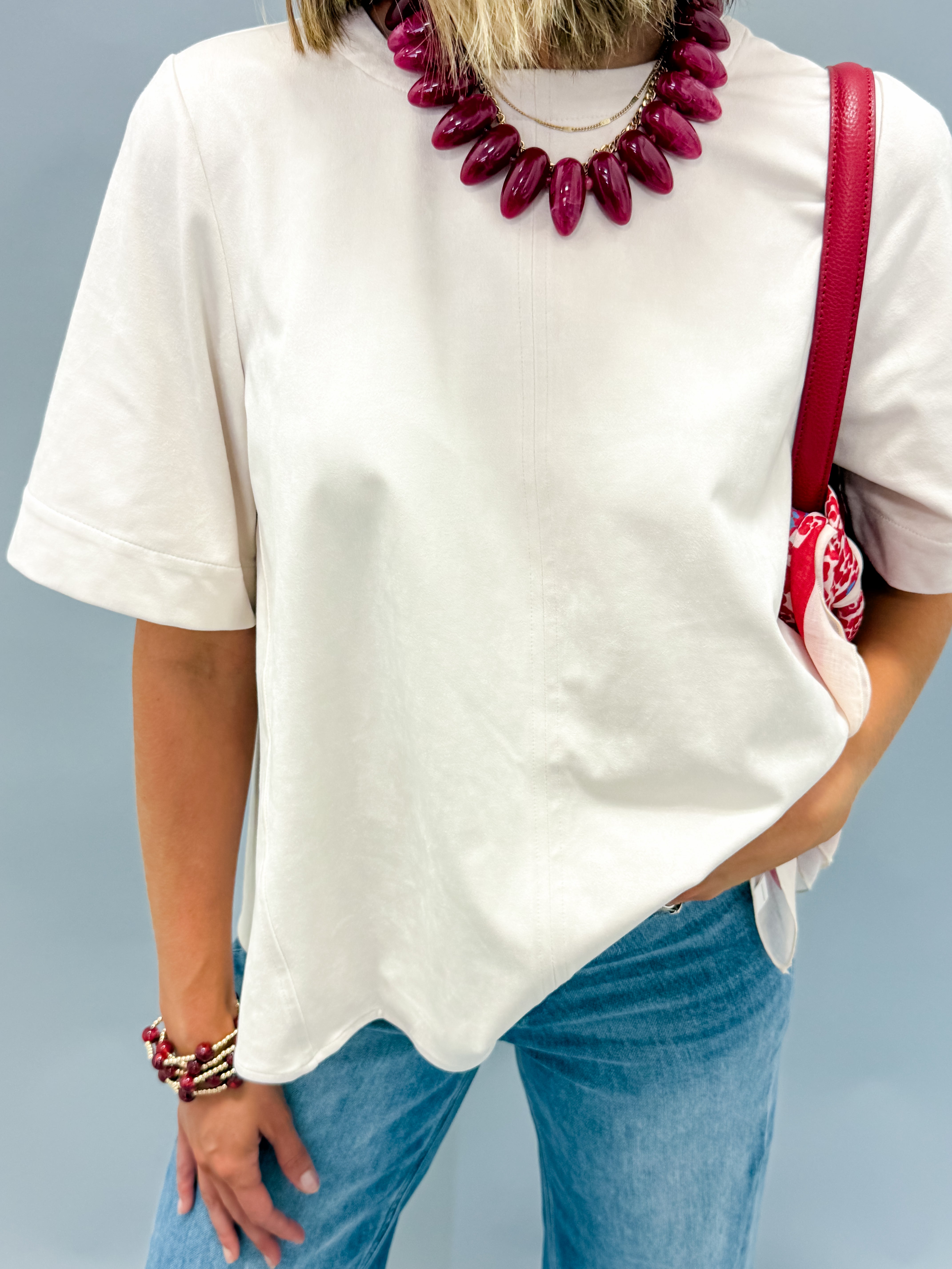 Calla Faux Suede Crewneck Top-Ecru