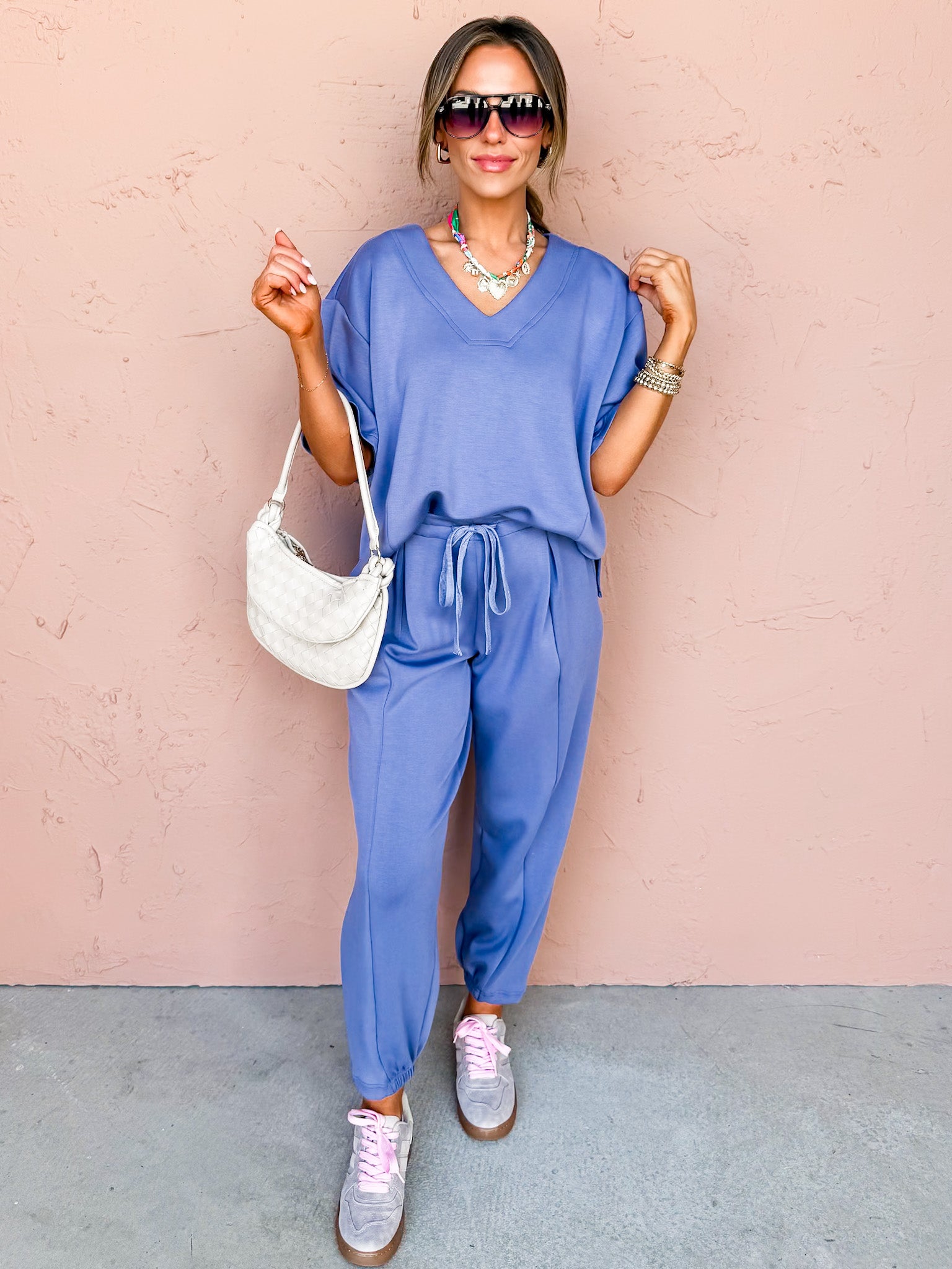 Calming Presence V Neck Top-Denim Blue