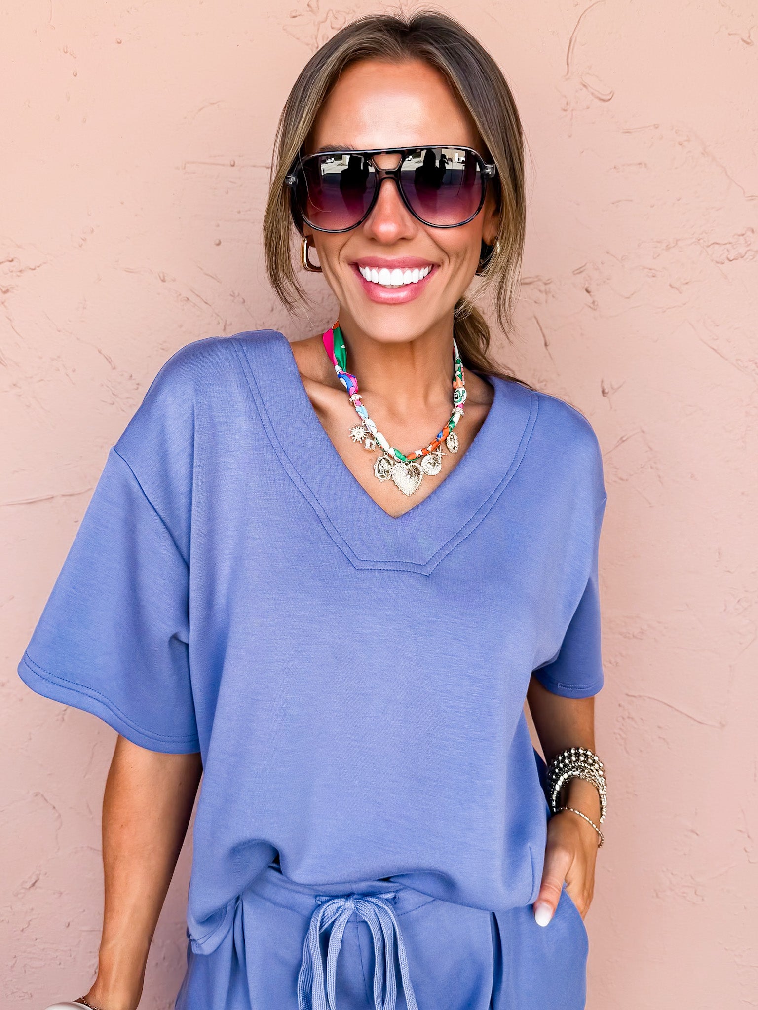 Calming Presence V Neck Top-Denim Blue
