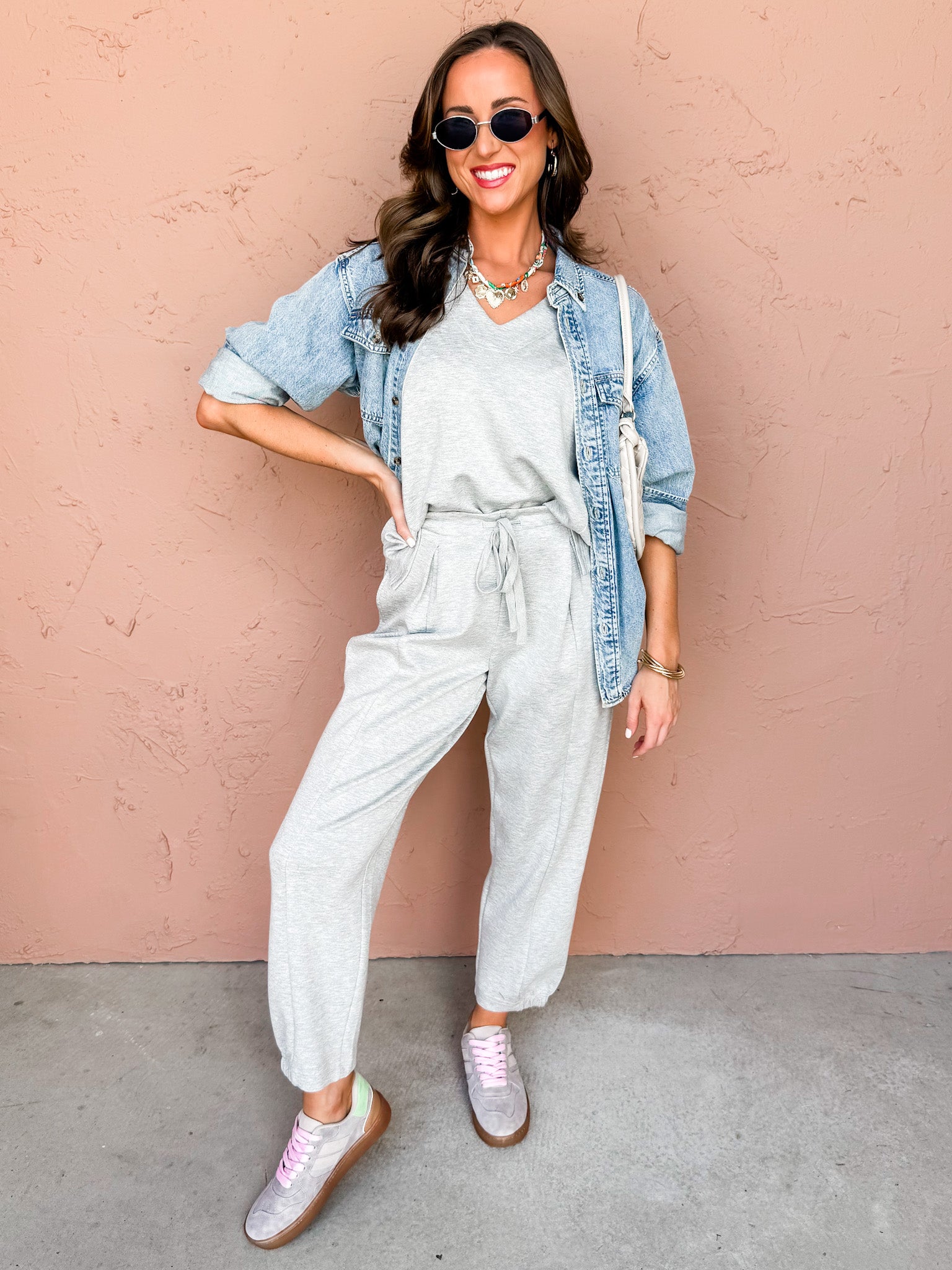 Calming Presence V Neck Top-Heather Grey