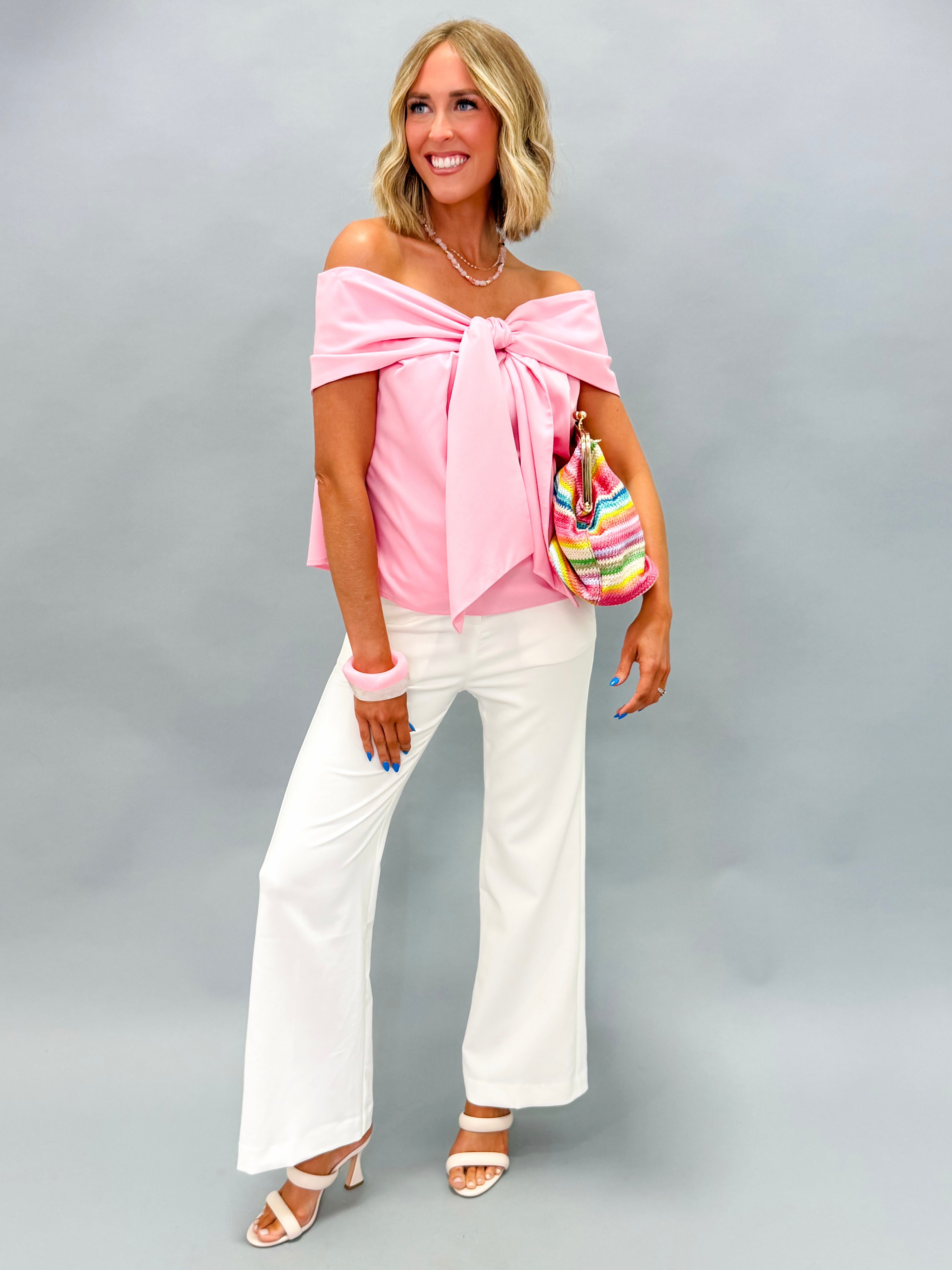 Camilla Bow Accent Off The Should Top-Pink