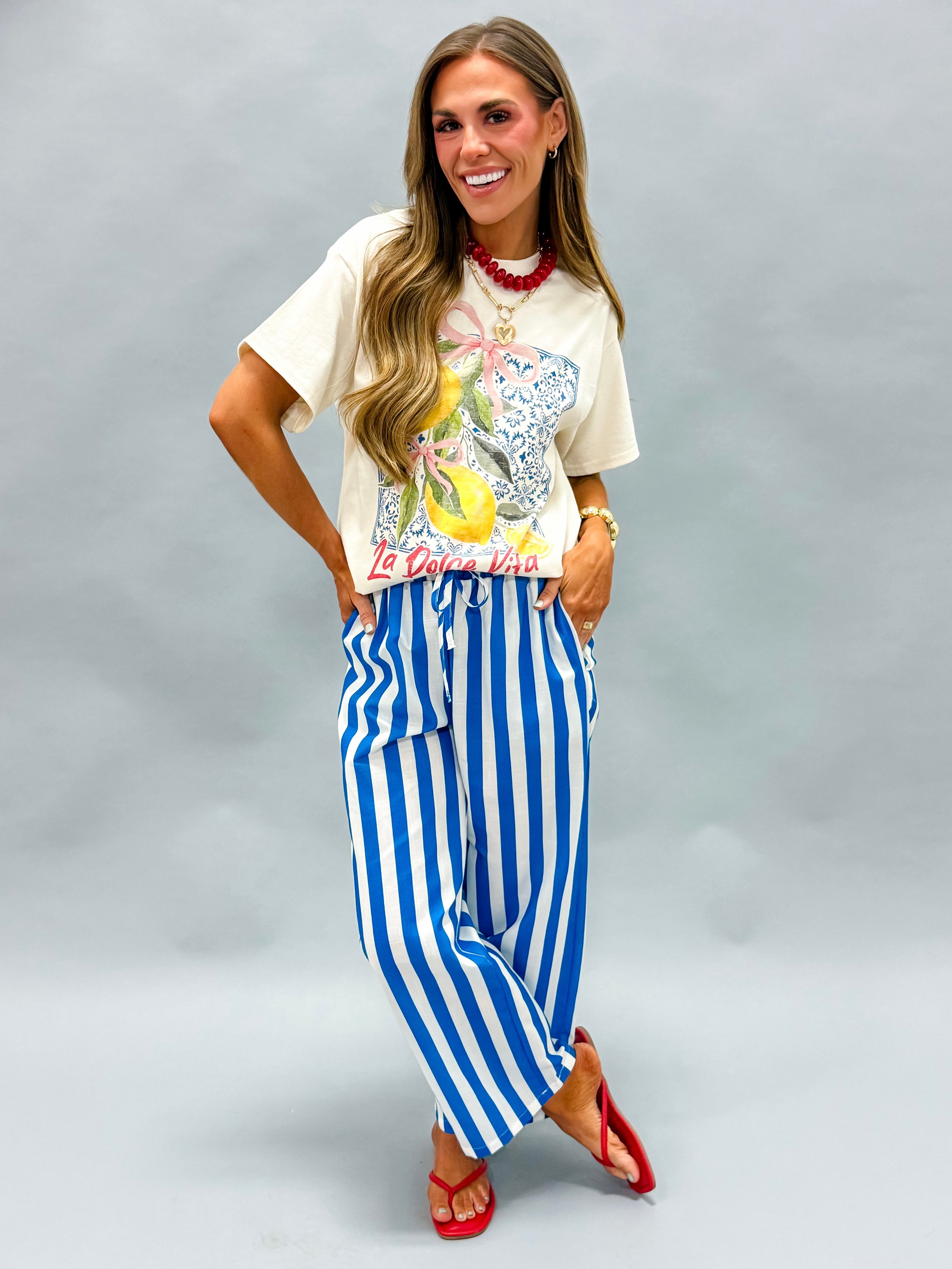 Carina Striped Drawstring Wide Leg Pants-Blue