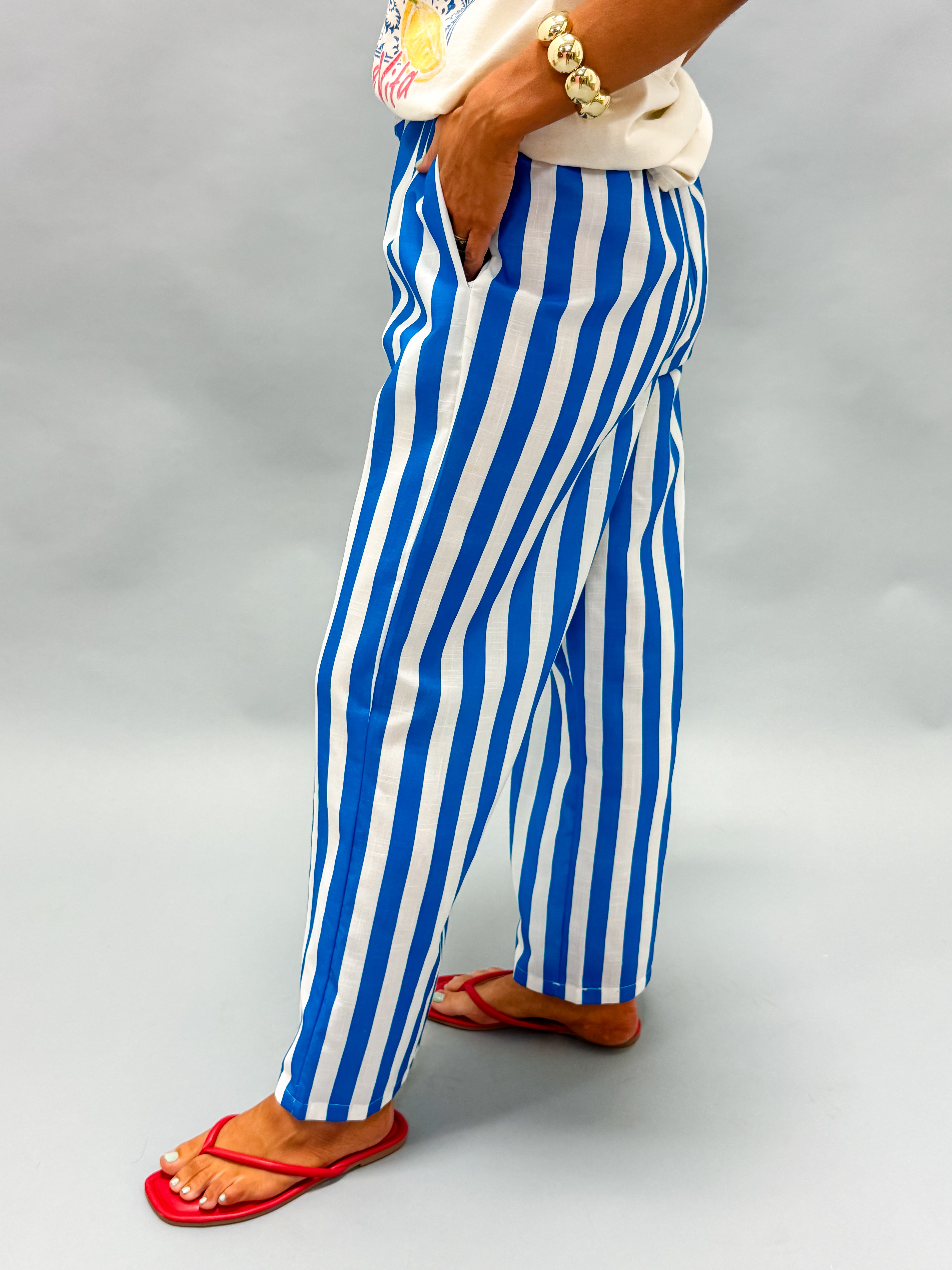 Carina Striped Drawstring Wide Leg Pants-Blue