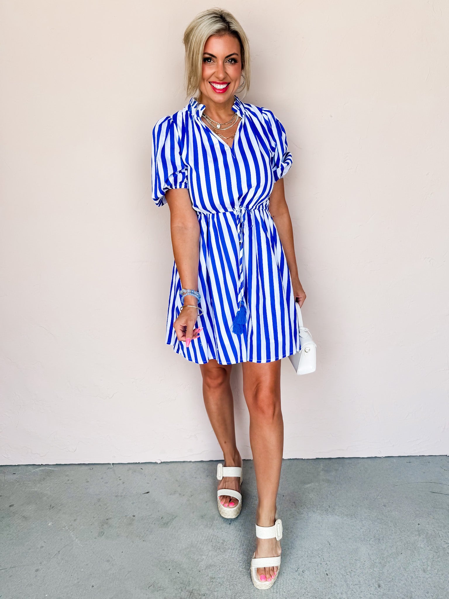 Carolina Shores Striped Tie Waist Mini Dress