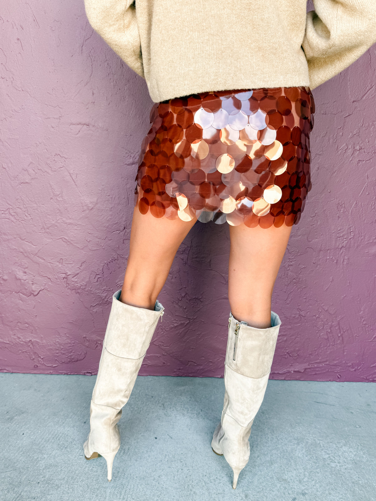 Carsen Brown Circle Sequin Mini Skirt