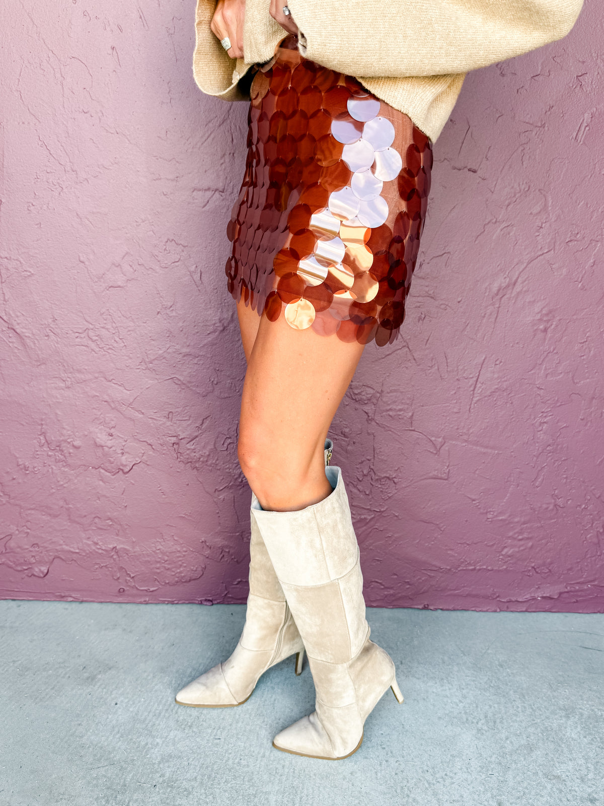 Carsen Brown Circle Sequin Mini Skirt