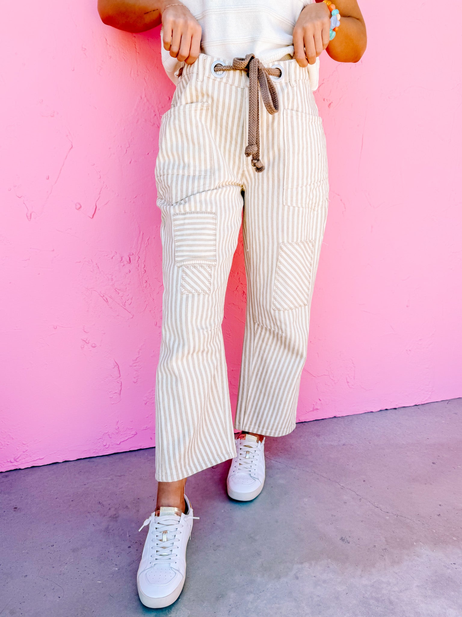 Carsen Striped Barrel Pants-Oatmeal