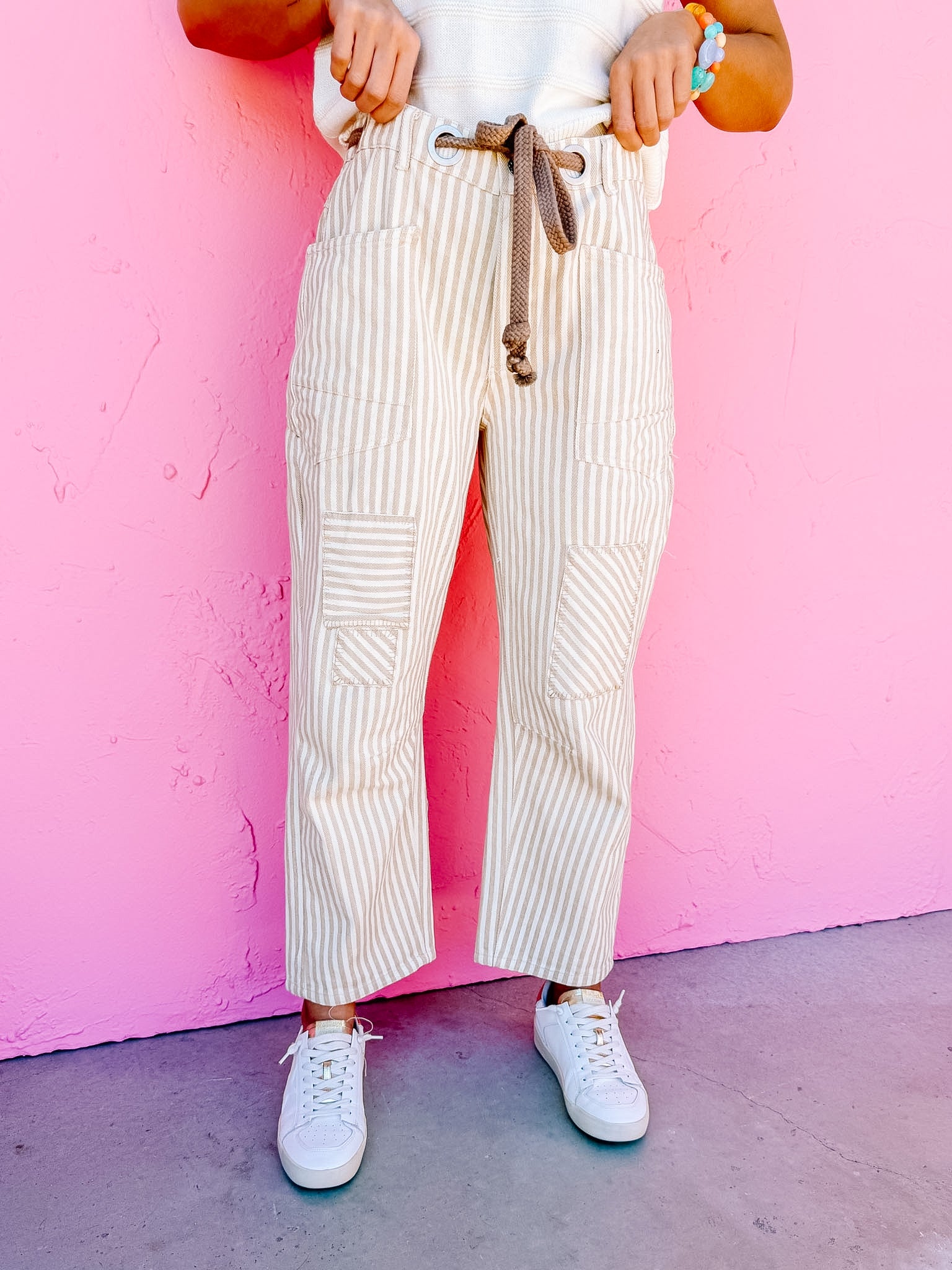 Carsen Striped Barrel Pants-Oatmeal