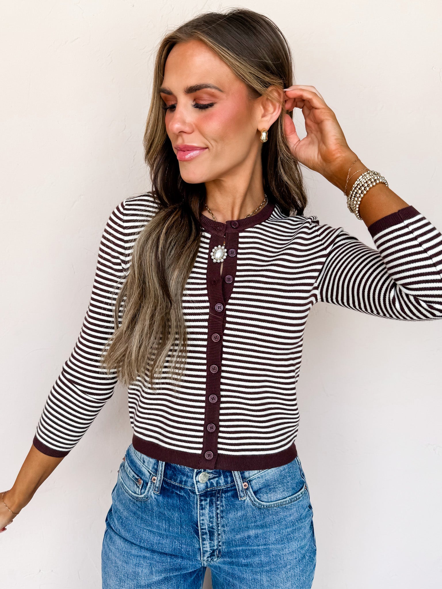 Casual Hangout Striped Button Front Cardigan-Brown Cream